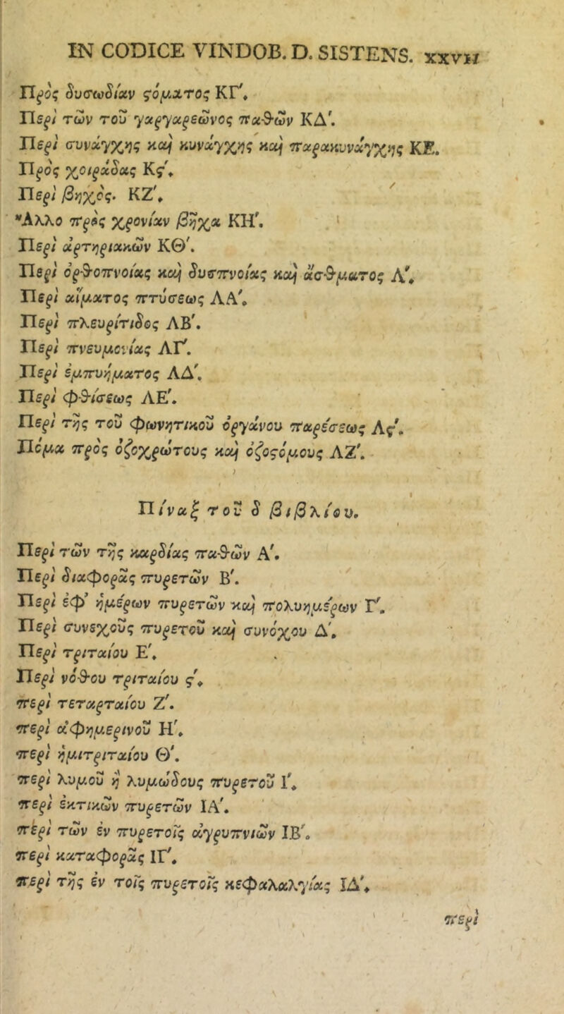 IN CODICE VINDOB. D. SISTENS, xxvh ' ς §υσω§ιχν ζόμχτος ΚΓ\ των του '^χξ'^χξζωνος ττα-θ-ων ΚΔ^ He^/' συνά7Χ>?ς κα^' κυνΛ7%>5? κα) τνχξΆκονΰ'',%ης ΚΕ. Π^ο'ς χοΐξχ§χς Kf. Πε^.; βηχος. ΚΖ\ *ΑλλΟ ΤΓ^ί'ί Χξονίχν βηχχ ΚΙΤ. > ΤΙεξί χξτηξίχκων Κθ\ Τίεξ} όξ^Όττνοίχς κο4 ^υσττνοίχς ncoj χσ^μχτος Α\ ΤΙξξΙ χ'ίμχτος τττυ'σεως ΛΑ', Πε^/ τΓΚευξίπ^ος ΛΒ'. ' Πε^/’ ττνευμονίχς ΛΤ. , ΤΙεξί εμτνυημχτος ΛΔ'. Πε^/ φ&ί'σεως ΑΕ\ Πεξί της του φωνητ/που όξγχνου 'τ'χξεσεως Ας, ΤΙόμχ ττξος οζογ^ξώτους κα) όζοςομους ΛΖ'. Π/να| του S βίβλιαν. ΙΙεξίτων της κχξ§ίχς ττχ-Ο-ων Α'. ΤΙε^/ §ίχφοξχς οτυξετων Β'. , ^ Πε^ί έφ’ ημε'ξων ττυ^ετων ytccj ττολυημε'ξων Τ. ΤΙεξί συνεχούς ττυξετου Kcoj συνόχου Δ', ΤΙεξί τξίτχιου Ε', ΙΤε^/ νό-9-ου τξίτχίου ς\ ττΒξί τετχξτχίου Ζ'. σ^εξΐ κφημεξίνου Η'» ττεξί ημιτξίτχίου Θ'. •Τΐεξί ‘Κυμ.ου η λνμω^ους ττυξετου 1', ^εξί ε·Λτΐ'Λων τυξετων ΙΑ'. ττ^ξί των εν ττυξετοϊς οο'^ξυττνιων ΙΒ', 9τε^/ κχτχφοξχς ΙΓ', 9τεξί της εν τοΓς πυξετοΐς κεφχλα?φχς ΙΔ', σ/εξί 4