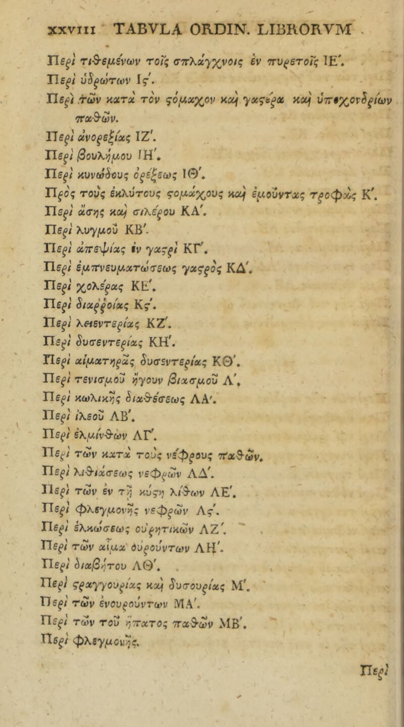^ i τιθέμενων τοϊς σπλχ'^χνοις εν 7τυ(>ετοις !£'♦ ΤΙεξί ύ^ξώτων Ις. Ile^i .των hutx τον ςόμχγ/ίν κα) ^χςΐι'ξχ κομ υττί^ορί^/ων τταθων. Ώεξ] χνοξε^ίχςλΖ'. βουΧημου /Η\ αυνω^υς οξε^εως 1Θ^ Π^ος τονς έκλυτου? ςομχχους αομ εμουντχς τ^οφοος Κ\ Ώε^/ οίτης xotf σ/Κε'ξοι» KA^ ΤΙεξι Χυ'^μου ΚΒ'. ΤΙεξΐ χττε-φίχς ΐν yx^^i ΚΓ', Ώε^ί έμττνευμχτωίτεως γχζ'^ος ΚΔ'* Πε^{ χο\εξχζ ΚΕ'* ^ιχξ^οίχς Κς·\ ITg^/ λ«εντ^^/ας ΚΖ'. Ilffji/ §υσεντεξίχς ΚΗ\ ΤΙεςΙ χίμχτηξχς §ι>σ·εντεξΐχς ΚΘ\ Πε^ί τενκτμοϋ ^yovv βιχσμου Α\ ' Ώεξί Ηωλιαης έ/αθ-έτεως ΛΑ'.’ Πε^/ /λεου ΛΒ\ Πε(>/ έλα/ν·9·ών ΛΓ^. Πε^/ των HXTX τους νεφξους τταθ-ων. i. Πε^/ λ/·9·<ασεως νεφρών ΑΑ\  ' , Ιΐε^/ των εν τ>) αύζη λ<θ·ων ΛΕ\ - . ΤΙεξΐ φλεyμoι>^ς νεφρών Ας. ί? ΧΙεξΐ ελπωσεως ου^^^τ/κών ΑΖ'.  . Πε^/ των χίμχ ούξούντων ΛΗ*. Πε^/' ^/χβ>^του ΑΘ\ . . , . ,χ. Πε^/ ^fx'^yo'j^ix; κχ) §υσουξίχς Μ'. ' -■< Πε^/' Των Ινου^ουντων Πε^ί των TOL» ηττχτο; 7ταθ·ων ΜΒ\ Πε^/ φλεγμονές.