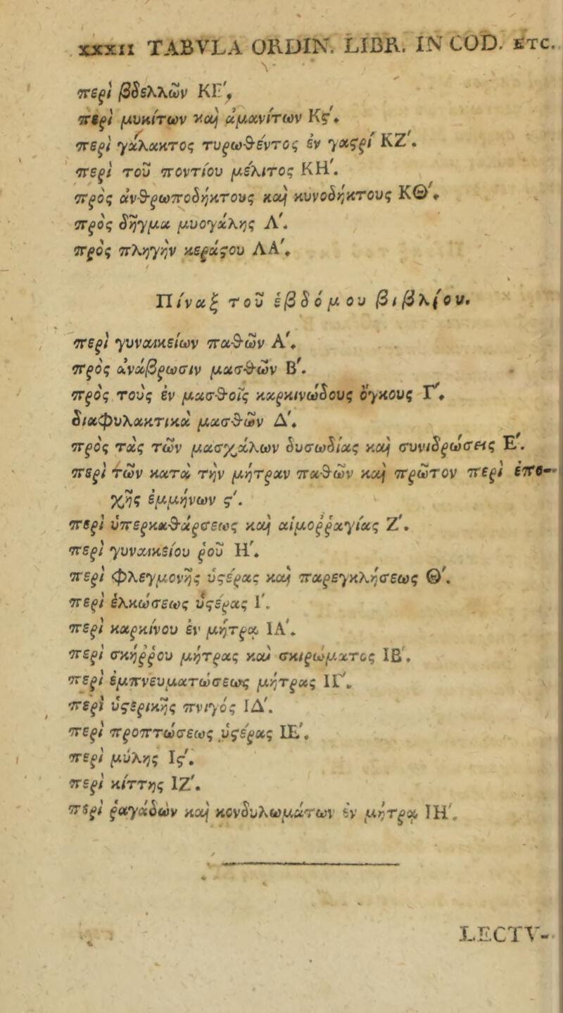 . XJCXII TABVLA ORDIN. LIBK. XN COD. iTC.. N - ττΒξί β^εΚΚων ΚΙΤ', ν$ξί μυκίτων vaj άμχνίτων K? ♦ ·7Γ6ξί ·γχλχΗΤθς τυξω&ε'ντος εν ηιΟίζξΐ ΚΖ. ' ΊτεξΙ τον τΓοντίον με'κιτος ΚΗ. ττξος άν-Β·ξ(ατΓ ο Πηκτούς χομ κννοάκ,κτονς ΚΘ * ΟΓ^ος Syjy^u μνο^χΧης Λ^ <7Τξος 7τ}<ήγήν χεξχςον ΛΑ', / % Π/ν«| τον έβδομον βιβ\(ου, ^τεξ} yvvce/ΐχείων τταθ-ων Α', . . •ίΤξος χνχβξίύΰίν μχσ-^ων Β'. ςτξος τους έν μχσ^οΐς κ;ί^κ/νω5ους oyxovg Γ'» 3ιχφυλχχτ(χχ μχτ^ίίν Δ', ΤξΟς τχς των μχσγ^χλων ^νσω^ίχς y.coj c^υv^Sξωffe^ς Ε. •ττεξ} ’ί’ων χχτχ t>jv μηΤξχν τταθων κα| ττ^ωτον ττεξΐ ετΓβ— εμμήνων ζ . '■ ·7Γ8ξΙ νττεξχχ%·χξ(:ε(ύς κα| xίμoξξxytxς Τΐ· τεξί yvvxm8iov ξον Η', W5^/ φλεyμovήζ ΰςε'ξχς κοιή τxξεyκh.ή<ίεως Θ'. 7Γ6^/ εΚκωτεως νςέ(^χς Γ. ττεξί κχξκίνου έν μήτξχ ΙΑ', 7T£jO/ τκήξξον μήτξχς καί (τκΐξωμχτος ΙΒ', ττεξί έμττνενμχτωσεο»; μήτξχς ΙΓ', τεξί νςεξικής Tvtyo^ ΙΔ'. τεξΙ τΓξοτΓτωσεωζ ν^ε'^χς ΙΕ'. ττεξ/ μνΧης ϊς, ττεξί κίττης 1Ζ'. “^εξί ξayχhώv καή κον^λωμχτων εν μηΤξχ, ΙΗ', % J LECTV-.