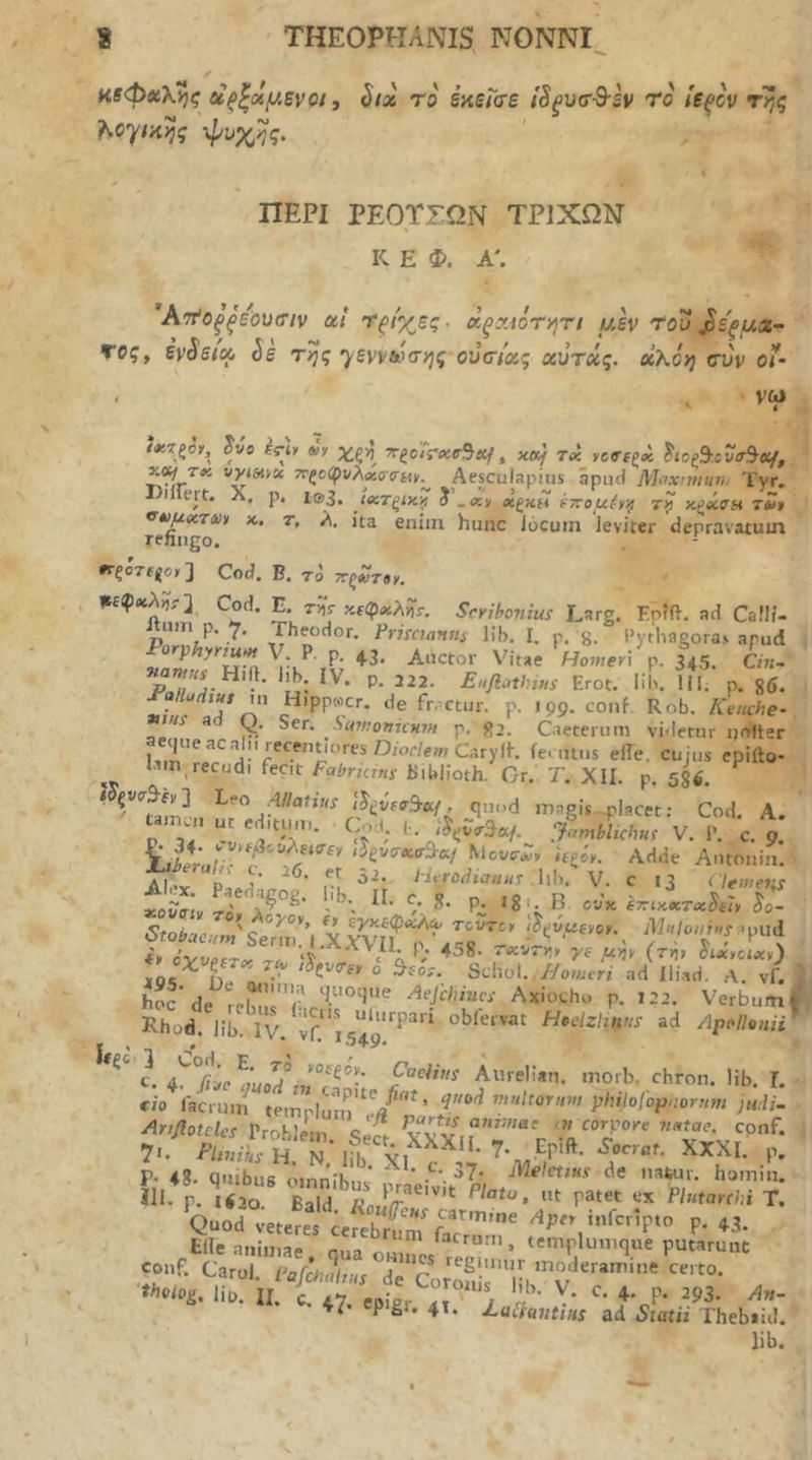 οί^ζάμενρι, S(x ro εκεΓσε /ί^υσθ-εν ro ίεξίν της λογ/κ?ί ψι^κί’ς. ΠΕΡΙ ΡΕΟΤΓΩΝ ΤΡΙΧΩΝ Κ Ε Φ. Α\ Ατ^οξξεονσιν α,Ι Τξίγ^ες. άξχίότητι μεν Του ^ε'ςμχ~ τος, ivSeiex. ίε της ^ενννσης οΰσιχς χύτΰ,ς. ΰλόη συν οι- • να> 4 ?Λί7ζο\, Jtie «y χς>5 yrgciVii(r5«/, yc9-fg« hoP^.Mxf, T#4 wyiMysc 7Γζοφνλ(3ί5-(7·«ΐί. Aesculapius apud Moxnmtv. Tyr. Τ)ι{Π>ι*ί’ *>»%>·/ ^ , j* rc. Λ, p, i©3, ιβίΤζίχ,-ή 0 .«y Λ£κ{4 ΐπομ(ν'ι} r>j χ,ρβίΰΗ τλ» hunc locum leviter depravatum ^rgoTf^oy] Cod, B. To ττξίύτβγ. »£φ*λ))ί·]^ Cod. E. ΤΪ5· κίφΛλί·ί·, ScYihonius Lare. Eofft. ad Calli- «um p. 7. Theodor. Primanus l!b. I. p. g. 1’ytliagoras apud ^orphynum V P. p. 43. Auctor Vitae Homeri p. 345. Cm- ?;aw«f Hill. lih. IV. p. 222. Eaflathius Erot. lih. UI. p. 86. ,u Hippwcr. de fr.ctur. p. J 99. conf Rob. A’r«cfte- i Λ Ser. Smfionicnm p, j}2. Cietenim violetur ijofter aecjueacalMrecentioresD/or/emCaryil·. feuuus elTe, cuius epifto- 1-m recudi fecit Fabricius Biblioth. Gr, T. XII. p. 586. ' n magis-^placet; Cod. A. P U '4 ii''!»'”· Jomblichus V. P. c. 9. Mcvir*» «g/y. Adde Antonin. Alex ru HcTodiciwHr ,hb. V. c 13 ( Umens ^ovcr'iv TO S’ P: ‘8>. B. cvjt ez-iy.xToihtY ^0- StobaaJ Serm[\lx^^^^ M«/o/^-.rapud ho^de reb!!!'”;· Axiocho p. I2:>. Verbum( Rhod. lib IV '‘p'^ oblervat Htclzlums ad Αρο//ο«κ' I '1 H ' ' . ^ c. 4^'/ϊJe ^,‘1,0j°Aurelian. moib. chron. lib. L €io facruni teniplum' V' ’ pf^‘tolop>^ornm judj. Ariflotclcs Problem. s2 SxirT“V'ftT° 7*. Pltnihs H. N Idy XI ^ P' P· 48. quibus omnibus ^ ’ •^‘· natur, homin. 111. Γ· .ίϊο 3 fi.ff''''·' r«« «K rin,ar,ki T. Q.od ve.ereT«febi„Tfc^^ infcip.o p. Elie animae n.,·» Nicrum, teniplumqiie putarunt conf. Carol. PuJcnXns de'Cor4nlrlil ”'v liD. II. c. 47. epigr / A’’ cpigs. 4T. AaacmtiHS ad Statii Thebiid. lib.