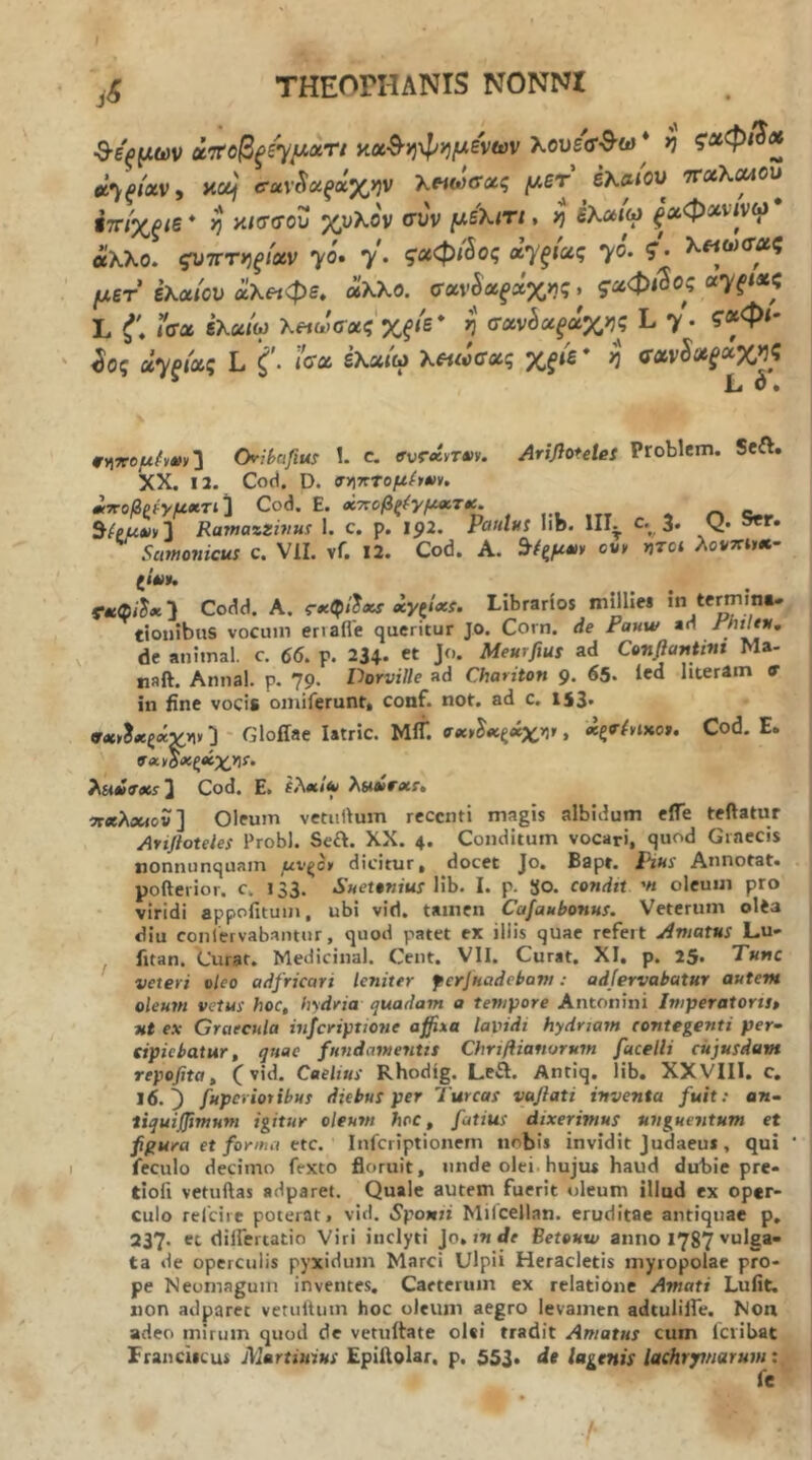 ^ε'ξμων ά’Π’οβξί'^μΛΠ κ«·9·>)ψ>ί^ενων λουεσθω * η ζΆφΙ^ο^ ά*^ξίχν) not^ αχ,\'^χξχγν)ν Xwwffi*? ελίκον τταλ^ου ύτνίχξιε * η κ/σο-ου χυλόν συν /χελ/τ/, ί SXa<V ι^'αΦ^^'ίνω «λλο. ςντττκξιχν 70· 7 · ς'«Φ<'5ος αγ^ιας 7®· ^ /ιχετ ελα/ου αλ«φε, άλλο. σανία^α%>ις. 5·αφ<^ο? «7f^*i L ί', Γσα ελ«/ω λ«ωσα?'χ^<ε* ί σχν^χξχχης L 7· ?’«Φ<' ίος a7e<«? L ^ ΐο-α ελα/ω λ««σ«ς χ^<ε* η σχν§»ξχχ^ζ »>ΐ7Γ0^/'ν·ν] Orikifiui !. C. «rur«yr4iy. Arifiofeies Problcm. Scft. XX. 12. Cod. D. a»i7rTo^/y*iy. myroβζfyμ*τ^‘\ Cod. E. βίττοβζ^γμΛΤΧ. , r» ς^r ^{ρμναΛ Ramazzhiui I. c. p. ip2. Paulus Iib. III. c. 3. s«r. Scmonicus c. VII. vf. 12. Cod. A. ου, ήτοι λονττι»*- Codd. A. ς·χφί^<κί ^Υζΐχί. Librarios nimie* in termini- tionibus vocum errafle queritur jo. Corn. de Fauw ad γ’*”*· de animal, c, 66. p. 234. et Jo. Meurfius ad Confluntim Ma- «aft. Annal. p. 79. Dorville ad Chariton 9. 65· ied hteram 9 in fine vocis omiferunt, conf. not. ad c. 1S3· 9Λ,ίχζχχη, J Gloffae latric. MiT. σχ,^χζχχ^ΐ,, «ςβΆίχο». Cod. E. 9Λ,όΧζβίχΥΙί. λϋύνχί'Ι Cod. E. fAat/fc λ6i*rΛr, ίτίτλοΜον] Oleum vetiirtum recenti magis albidum elTe teftatur Arijtoteles Probi. Seft. XX. 4. Conditum vocari, quod Graecis nonnunquam μνζο, dicitur, docet Jo. Bapt. Pius Annotat· pofterior. c. 133. Suefnius lib. I. p. 80. condit ’« oleum pro viridi appofitum, ubi vid. tamen Cafaubonus. Veterum olta diu contervabantur, quod patet ex illis quae refert Amatus Lu- fitan. Curat. Medicinal. Cent. VII. Curat. XI, p. 25· Tunc veteri oleo adfricari leniter ferjitadebam: adfervabatur autem oleum vetus hoc, hydria quadam a tempore Antonini Imperatoris» nt ex Graecula infcriptione affixa lavidi hydriam contegenti per- cipiebatur, quae fundamentis Chrifiianorum facelli cujusdam repofita, ^ vid. Caelius Rhodig. LtiA. Antiq. lib. XX VIII. c, 16.^ fuperiotibus diebus per Tureas vajlati inventa fuit: an- tiquiffimum igitur oleum hoc, fatius dixerimus unguentum et figura et forma etc. Infcriptionem nobis invidit Judaeu* , qui feculo decimo fexto floruit, imde olei, hujus haud dubie pre· tiofi vetuftas adparet. Quale autem fuerit oleum illud ex oper- culo refeire poterat, vid. Sponii Milcellan. eruditae antiquae p, 237. et diifertatio Viri inclyti Jo, »w de Betouuf anno 1787 vulga- ta de operculis pyxidum Marci Ulpii Heracletis myropolae pro- pe Neomagum in ventes. Catteruin ex relatione Amati Lufit. non adparet vetuftum hoc oleum aegro levamen adtulilfe. Non adeo mirum quod de vetuftate oUi tradit Amatus cum Iciibat Franciicus Murtinius Epiftolar. p. 553. de lagenis lachrymarum:
