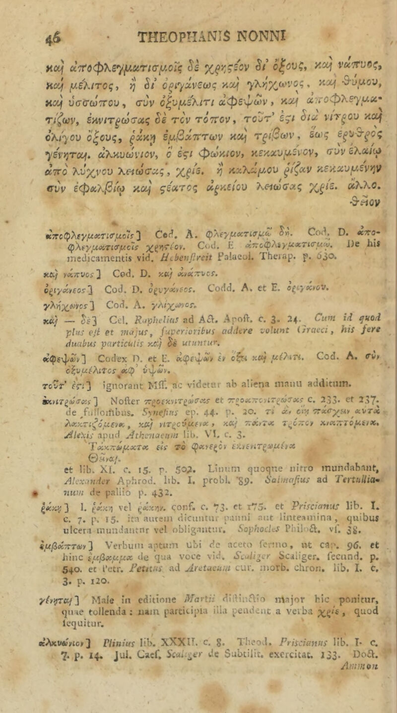 . xctf ύί·:ΐΌφλε·'/μίίησμ,οϊς is St ο^ονζι y.oi^ νκ'^νος^ Hffjj μεϊ,ιτος i η S/ο^ί'/^ίνεως y.x^ 'yλ}^χ^u>i'cς, yc^f-θ-υμον, >icoj ύσϊτωτΓου, συν ο^νμελιη αφεψων > χ-ομ a:iro(pXsyux·^ τ/^ων, έ'Λνιτξώσας Ss τον τόπον ^ tojt ε^ι Siu νιτξου Λομ oKtyov όζονς, ξχχ^ έμβχπτων αομ τξΐβο^ν, δως £ξ^-&ξος yBvriTouf, αλκυωΐ'/ύν, ο εςι φωκίον» κε-κχυμενοΥί ^'^ν ελα<α> από Κ'ό^νοί) Χαω(τχς, %ξίε. η χχΧχμ^ον ξΐζχν αεκχνμεν^^ν CVV έφχΧβί(ο ϋύίή ζε'χτοζ a^y.otov λ-ο-ιαχΐΛς χ,ξ^^· άλλο. ■Ο-Άον κτΐοα^λεγμχτι^μο'ΐί'} Ceci. Λ. φΛεγμχζινμ^ iw· D. «ττο- <^\(γμο(,τι<Τμο~ΐ5 χ,ξΐ'ι'^ίον. Coii. Ε ΛΤΤο^?\ίγμ^Τίσ'μιν, Ι)β 1ιι$ ijieclicameiuis vid. Hibenflreit FaJacoi. Theiap. f'. 6^0. Mi) κχττν&ί] Cod. D. κ«/ xuxTrtici. οξίγβίνιοί'^ Cod. D, ΰξνγοίοεοΐ. Codd, A. et E. οξίγχϊον, γλ·ηχ«»ρί'] Cod. A. γλίχ/ΐνο!·, xic/ — Jf3 Cei. R^phelifts ad A€t. Apoft. c. 3, 24.^ Cum id ijuoi plus eji et rnojus, fuvefioribus addere volunt l/raeci, hiS fere duabus partientis kC.) Be utuntur. «φίψάΓιι] Codex Π. et E. «ψίψ»» fv οζπ nuf μΟ^ίΤί. Cod. A. «rv» ό^νμίλίΤΟΐ άφ v\|/(wy. tcvt' frO ignorant ΜίΓ. <ic videtur ab aliena manu additum. ·χ»ίΤζΛ<β·ίίί 3 Nofter τΐζΟίχνίΤξαιΟ’Άΐ et ττ^οχτΐο/ΐτζώ^χ^ c, 233· ct 237· de ^fiilloifibus. Synejins ep. 44· P-_ 30. n xt cisj Texcyut χοτχ Αχχηζόμε'ίκ, xce) ητ^οΰμεϊχ, x«/ ττοίιτχ τ^ότΐο» χ>Λ7ΐτόμί»χ· jileiiis apud Athenaeum lib. V’l. c. 3. Ύχχπίμχτχ iU To ΦχγεξΟν ίΑγίγιτξνμίίΧ avCif. et lib. Xi. c. 15. p. 502. Liinim quoque nitro mundabant, Alexander Aphrod. lib. I. probi. ·39. Halmafius ad Terttillia· • num de pallio p. 432. ξάκΐτ;} I. lxK/\ vel conf. c. 73. et i75· et_ Priscianus lib. I. c. 7. p. 15. itn aurem dicuiuiu panni aut linteamina, quibus ulcera inuudantnr vel obligautm·. SophodtS Piiiloil. vf. 3^’, εμββί-χτχγ Ji Verbum apturn ubi de aceto Cernio, »t ca;\ 96, et hinc ίμβχμμχ de qua voce vid. Sealiger Scaiiger. fecund. p. 540. et l'ctr. Petitus ad Aretaeum cur. morb. cliron. lib. I. c, 3. p. I20. yA9T«/3 Male in editione Martii diiliniHo irtajor hie ponitur, quae tollenda : uain participia iila pendent a verba χζΐε, quod Icquitur. ecAxMiric»] riiuius Hb. XXXIT. c. §. Theod. Priscianus lib. I- c. 7. p. 14. Jul. Caef, UcA^ger de Subtirte. exercitat. J33- Doft. ; Atiimoit