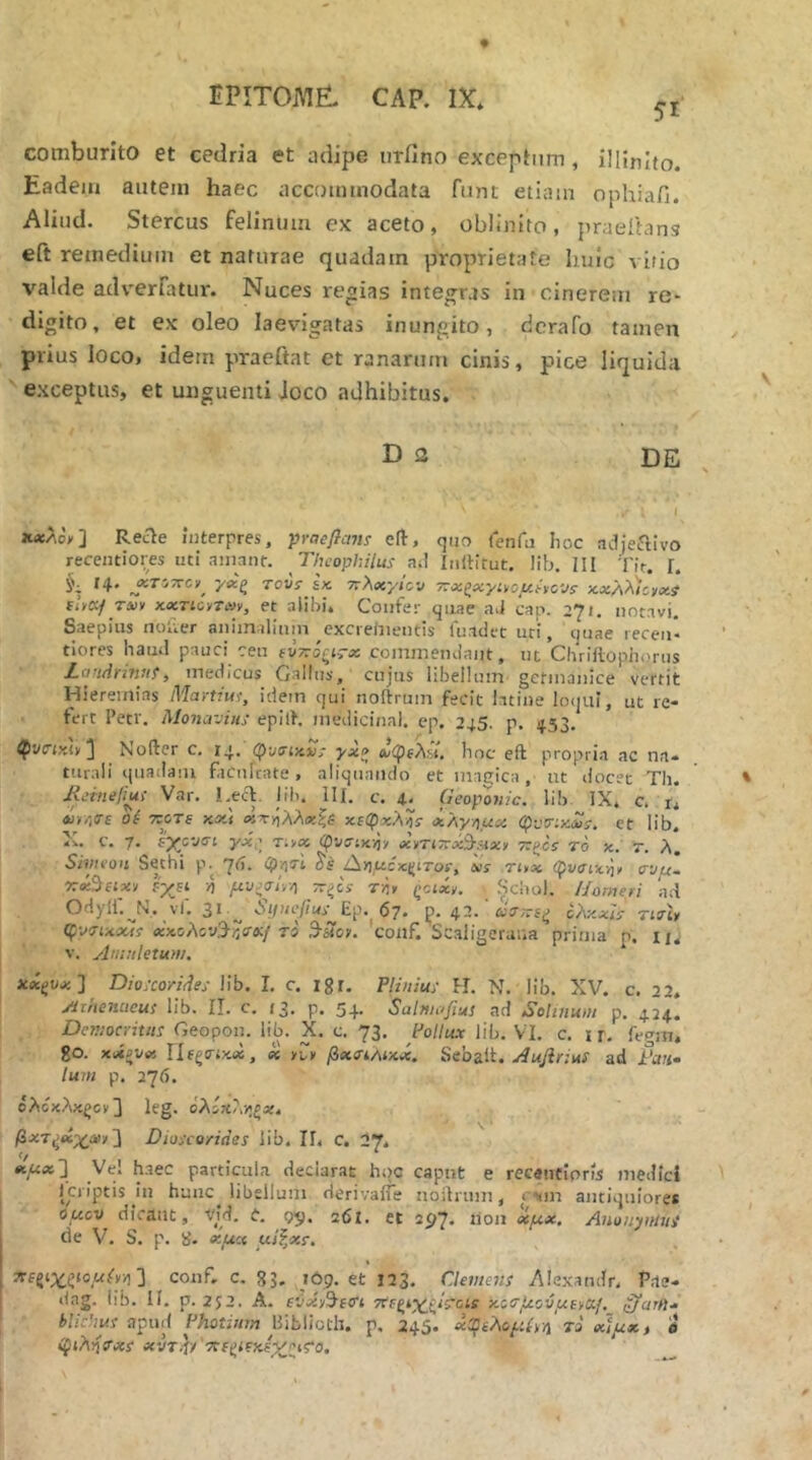 51 comburito et cedria et adipe nrfino exceptum , illinito. Eadem autem haec accommodata funt etiam ophiafi. Aliud. Stercus felinum ex aceto, oblinito, praedans eft remedium et naturae quadam proprietate huic \ irio valde adverfatur. Nuces regias integras in cinerem re* digito, et ex oleo laevigatas inungito, dcrafo tamen prius loco, idern praeftat et ranarum cinis, pice liquida exceptus, et unguenti Joco adhibitus, D 2 de xae/.oy] Recte interpres, praeflcim eft, quo Cenfu hoc adjeflivo recentiores uti amant. Thcophilus aJ inftitut. lib. III Tir. Γ. ''i* ττλχγίον 77Xijx.yiyou.ivc,-Js xx'A\)cyxt fi,K/T4>y κχτι,οιΤΰΐν, et aiibi. Confer qoae a.i cap. 271. notavi. Saepius noiver animilinm excreiiientis fuadet uri, quae leccii· tiores haud pauci ceu (VTrSfirx commendant, ut Chriflophorns Laridyinui, medicus Gailiis, cujus libellum gcfiiiaiiice vertit Hiereinias Martiuf, idem qui iioftrum fecit latine loqui, ut re- fert Petr. Moncivini- epift, medicinai. ep. 245. p. 453. Nofter c. 14. ^v<n>aif γχσ «vcpfXst. hoc eft propria ac na- turali quadam ficnlcate, aliquando et maeica, ut docet Th. Jijrnefwi' Var. lib. lll. c. 4. (zeoponic. lib IX* c. r* Λΐϊ/·,<τε οέ 7Z0TS KXi «τ>ίλ>ι«:|έ χιφχλ^ΐ χλγν)μχ et lib. X. c. 7. syc'J<zi yjc,; T-.yX φν^ίκν], xyTiTjrx^stxy Τΐξΰί Το x. T. λ. Sivteon Sethi p.^ 7<ί. φητΐ δ'ΐ· /^ημόχι^ιτοΐ, avr τι>χ (^vaix-^y σνμ^ xxSiHxy ε~/ΐί η μνζσί·^·/\ ττξοΐ τνί, ςοιχζ. bcliol. Homeri ad Odyii.^N. vi, 3'^-^ Ep* 67. p. 4-· ο)\χχίΐ τιτίγ CfvTixxii χχολον'^ΐ-Toif το ^UOY. 'conf. Scaligeruna prima p. ni V. Amuletum. χχζυχ'] DioKoride: lib. I. c. igr. Fliniu; H. N. lib. XV. c, 22. Arrtencieus lib. II. c. 13. p. 54· Salmafius ad Seliiiuni p. 424. Democritus Geopon. lib. X. c. 73. Follux lib. VI. c. i r, fegm, go. χχουχ Πίξτίχχ, X fixTtAixx. Aujirius ad Pau- lum p. 276. όλοκλκξον] leg. όλίχ?/,;ξ*. β*'Tζ‘ίχ<»γΛ Diosco/ides lib. II. c. 27. xfxx~\ _Ve! h.aec particula declarat hqc capnt e receiiCipris medici Icriptis in hanc libellum derivane noilriim, <'vm antiquiores ϋμον dicant, ·νίΊ. C, 05. 261, et 297* don χμχ. Anunynlui de V. S. p. 8. xux uif,xs. Λεξίχ^ζίομίν·/]'] conf. c. gj. ιόρ. et 123. CAeiitens Alexandr, Pae- dag. iib. II. p. 252. A. eixY^etn Tte^^xj^hois χοσμούμεγα]. ^arfl- blichus apud Fhotinm Hiblioth. p, 245. χΰ^ελομίγη το χίμχ, ύ φίλΐίΤχί XVT.f/