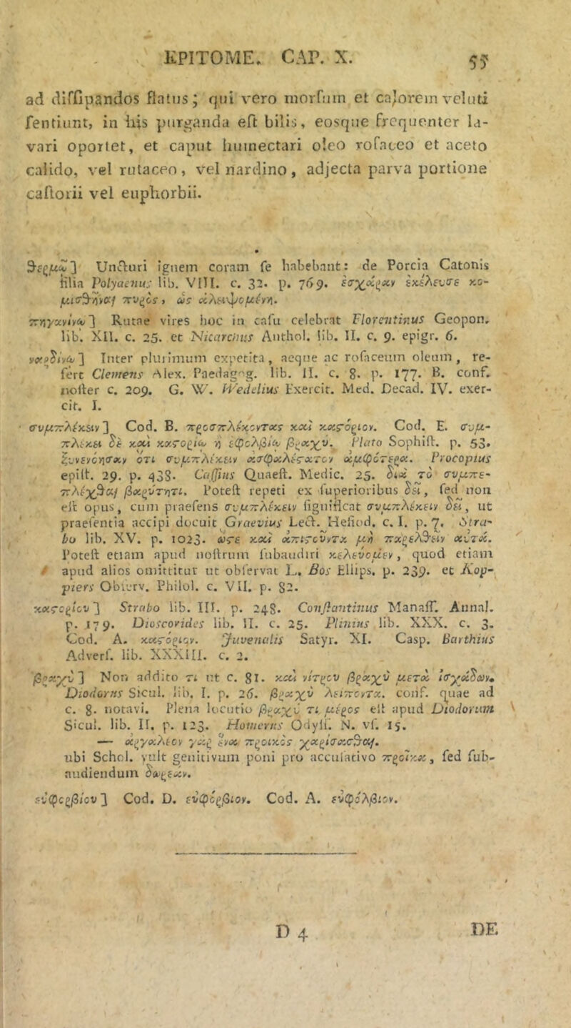 .. ΚΡΙΤΟΜΕ. CAP. X. 5? ad diffipandos flatus; qui voro niorfiiin et cajorcinvoluti fentiunt, in his purganda eft bilis, eosqiie frequenter la- vari oportet, et caput Iiuinectari oleo rofateo et aceto calido, vel rutacen, vel nardino, adjecta parva portione caftorii vel euphorbii. \ Unituri ignem coram fe habebant: de Porcia Catonis tilia Volyacnu; lib. VIII. c. 32. p. 769. εσγοίί^χν ίχ.έλευο’ε κο- jwiirS-^ViX/ TTJ^os , <s5s· ΰλΗ']/ομ(ν·Α· ττϊίγχνίϊίυ'] Rutae vires iioc in cafu celebrat Florentinus Geopon, lib. Xll. c. 25. ec Nkarciius Authol. lib. II. c. 9. epigr. 6. Inter plurimum expetita, aeque ac rofaceuin oleum, re- fert Clemens Alex. Paeilag''g. lib. II. c. g. p. 177. B. conf. iiorter c. 209. G. W. IVekdius Pxercit. Mcd. Decad. IV. exer- cit. I. συμτζλίχα^'] Cod. B. ττζοσττλίκίνΤΛΤΓ y.otl κοίξ'όξίογ. Cod. E. <ry/i- ττλίκΗ jj' i^cX^icy β^_οί·χυ. illato Sophiit. p. 53. ζ■Jvιycy|σ^x)ι οτι σνμττλϊκί'.ι σιοφχλίς-χ'Γο·/ <χμφ6τ(ζ^χ. Procopius epilt. 29. p. q38. Caffins Quaeft. Medie. 25. το σνμ·πε~ ττλεχ^κ/ βχζ-^τ-ηη. 1'oteft repeti ex tuperioribus fed^noii eit opus, cum praefens σχμττλ^κείν fignifleat trvuTrAtxfiv i», ut praefentia accipi docuit Graevius Leti. Heiiod. c. I. p. 7. Utru' tio lib. XV. p. 1023. oirf X.0C4 <x.mrcvyTx μο Ttsc^iASAv χετχ. 1’otert etiam apud nollrum fubaudiri κελεόομεν, quod etiam apud alios omittitur ut oblervai L, Bos fcllips. p. 239· Λορ- piers Obierv. Philol. c. VII. p. 82. κχς-ο^ίον'] Strabo lib. III. p. 24.8. Conflantinus ManaiT. Annal. р. 179. Dioscorides lib. II. c. 25. Plinius lib. XXX. c. 3. Cod. A. κοίΓόζίςν. 'Jitvencdis Satyr. XI. Casp. Barthius Adverl. lib. XXXIII. c, 2. βοχ^υΐ Non addito Ti ut c. 81. yh^cv βζχχ^ύ μετχ, iffyx^iuy, Diodorus Sicul. lib. I. p. 26. β^χχΰ λειττοντχ. coiif. q^uae ad с. 8· notavi. Plena locutio βι^αχύ τι μέζos eit apud Diodorum S'cui. lib. II. p. 123. Homerus Odylii .N. v('. 15. — <Χί>γχλεον 7'άζ εν<χ· tt^oixos ubi Schcl. vult genitivum poni pro accniacivo ττξ^οίκχ, fed fub- audiendum ^a>i^exy. s·Jφcξ/3»cv3 Cod. D. ενφόζβιογ. Cod. A. ε^(ρ6λβί0Υ. r D4 DE