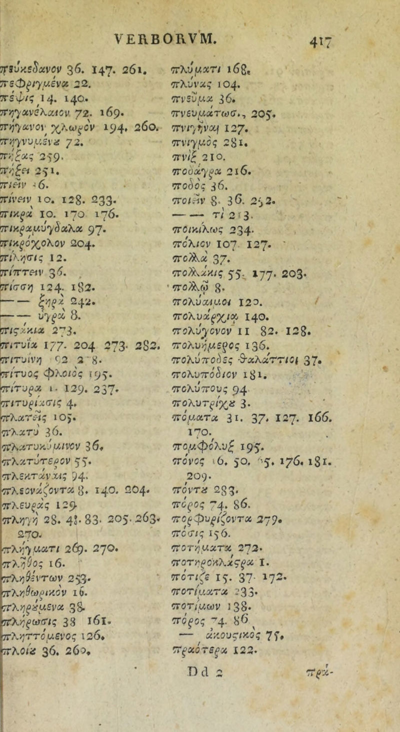 TfSuy.sSaivov 36. Ϊ47. 261. ττεφξΐΎμένχ 22. ττεψ/ς 14. 140. 7fy)yav0Kxiov. 72. 169. Tnj^avoi' χλωμόν 194, 26ο. Ti^yvvy.svis 72. ΤΓ>;£«ς 259. ’Χ.τ,ζΐΐ 251. TTi^tv *6. TTiveiv 10. 128. 233· πΜξχ ΙΟ. 170 176. TTtii^xuvySaXx 97· ίπκ^οχολον 204» ^ίκ·/}σις 12. ^ιπτειν '^6. ίίσση ΐ24· ι82. 242. I uy^cl 8. ^ιςχ-Λΐχ 273. Uruii» 177. 204 273· 2S2. ijr/T-j/v>5 92 2~8· ττίτυος φΚοιος 195· ττίτυξχ ι. 129. 237· πιτυξίχσις 4. TrXxrSiq 10J. τΐ'λ ατυ 36. TChxruy.v .UIVOV 36f ττλοίτυτερον 5ν οτλεκτάνχι; 94· ■π·λεονχ^ονΤίκ 8· 140· 204* 'χΧευξχς 129· 7Γλ>37>5 28. 4?·83· 205-263. 270. <πΓλ·/ί7,uar/ 269. 270. τΓλίϊ^ο; ι6· π·λ>5^'ντων 253· 7τλ>?^ω^<>ίον ι6. ττΧηξιίαενχ 38· ΙτΤΧ^,ξεΰΟΊς 38 ΐ6ΐ. ι7rλ>;ττouεvΌς Ι20* 36. 26ο, 4Ϊ7 •κχύμχη ι6δ, ' ττλϋνχς 104· τΐνευμχ 36. ττνευ/^άτωσ,, 205. Trviyr/vxf 127. >7Γνΐ'^μος 28ι. 7Π'/'£ 210, TToiixy^x 216. ΤΓο^ο'ς 36. ΤΓο/ίίν 8· 36· 252. . T/ 2ί3· •ττοικιλως 234· ΤΓΟλίΟν 107 127* ' cro^a 37· 55-·. ^77· 203* • cro^fo 8· ΤΓΟλυχιαοι 120. / ΤΓΟλυχξχΐίΛ 140. TToXuycvov II 82. 128. ΤΓοΚυήμε^ος 136. ΤΓΟλϋΤΓοόε; -S-xXxrriGi 37· ττολυ-ττοέ/ον ι8ι. 'ttcXottou; 94 ' . ■ ττοΧυτξίχα 3· ‘κόμχτχ 31. 37· 127- ΐ66. 170. CTO'ji<|>oX'j^ 195· πόνος ι6, 50. ·5. 176* ι8ΐ· 209- πόντα 283« 7Γ6^ος 74· 86. ποξφυξίζοντχ 27?· πο<τις 156. ποτημχτχ 272· ποΎ^ξΰ'-ΛΧχςξχ I. πότιζε ΐ5· 37· ι?-· ποτίμχτχ 233· ποτίμΜν 138« α-ο^ος -’4· 8’6 — χ-Λουςικος 75» ΓΤ^αοτερ 122. D d 2 πξ-χ-