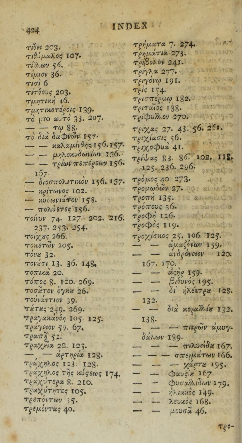 ri^ei 203, 107· τΖ/λων 5'i. · *rίμιαν 36. 'Γΐσι 6 <τίτ9ανς 203, 'Τμ.ητίν.ή 40. τμητιαοτεξοις 139» το ρΐΌ CiUTO 33· 207· τω 88· το' hiai 0«C|)VTi>v 157· — — καλ«/αή'^>7ς μγiKoyωh(ύvίιύv 156.- •— — τξίων'τΐ'εττεξεων 156· Ι·^7· — έ/οσ·7Τθλ<τ/κον 156. ι57· ·— ϋξίτωνος ΐθ2. — κυ'ύωνιχτον 158. •— ττοκύετες 156. Ύΰίνυν 74· 127 202. 2ΐ6. 237· 253· 254· TOi^JfC 266. τοκδτων 205. rcvis 32. τονίίσ/ 13. 30· Ι4δ· τοττικα, 20. τοτΓος g. 120. 269· τοσ5τον 07><a 26.' 'rouvxvTicv 39· Τ«Γχς·249· 269· 105· 125. τ^Λ7«ον 5;>· 67« τ^ατΓΪ 52. Ύξχγβχ 22. 12;. — ^ — ΧξΤηξίχ I2g. 123. pg. Τ(>χχ,>5λος τ^ς κυ^^ως 174. ΤξχχμτΒξχ g. 210. ‘Τξχχυτητες 105. τ^δττόντων 55· τ^^εμόντχζ 40· τξίτμ.χΤΆ 7· 274* ^ •ΓξηΡ-χΤΙΧ 273· Τξί$θλθν 241· τξί'γλχ 2JJ* τ^ιγόνο) Ι9Ι. 154* τ^ιαιτεξμω Ig2. ητξηοΛΟς Ι38· τ^Ζφυ^νΟν 270«» τξίχχ; 27· 4δ· 5^· τ^/%,Ζασ·/ς 36. ^ Τξίχοφυχ 41. ■ τξί-φχς 83- 8<^ 102* Ιΐ2· ,.125· 230. 296. Τξομος ΔΌ 273· .<■ ’ Tf0^uωύώι> 27· * ■ > Τξοττη ΐ35· ^ ■·’- τ^οτοϋς 3^· · ·ι Τξθφ>^ Ι20· , < τξοφος 119· r^cyjciioc 2^), 106, 125· — — χμχζάνων Ι59· — — ανέ^όνΛον 120. ΐ67· — — «ς)ί^ 159- — — βί^υνο; 195· .— — όν ήκε'κτξϋ 12?. 132. — — Είχ ΗΟξχ^ία 132. Ι3δ· ^ , — — — αχΊΚ-ξων αμυγ- δύίλων ι89· — — — auXiifiSu 167. ■— σττε^μ-χτων ΐ66, — — — ^95· — — φχνςίϋ 167 — — φνσχ/Χ.ί^ων 179* — — ηΧιχΗος Ι49· — — λευκός ι68· — μαυσχ 4^·