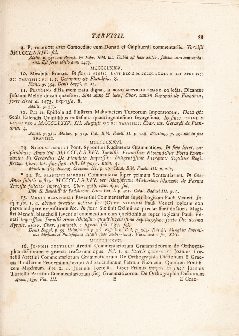 9. P. TERENTII AFRI Comocdiae cum Donati et Cafphurnti commentariis, Tarvifii MCCCCLAJlIF. foL Maitt. p, 342. ex Eeugk, & Fahr» Bibi. lat. Dubia efl haec editio, faltem mm commenta • riis. Ejl forte editio anni 1477. MCCCCLXXV. 10. Mirabilia Romae. Infimi: finis:: lavs deo:; m:: cccc :: lxxy:: xii Aprausii g;: tarvisii : f:: i. c. Gerardtis de Flandria. 8. Maitt. p. 354. Denis Suppi, p. 54. 11. Plavtina di^a memoratu digna, a bono accvrsio pisano colleSa. Dicantur Johanni Meltio ducali quacftori. anno 6* loco; Cbar. tamen Gerar di de Flandria y forte circa a. 1475. impreffa. 8. Jdaitt. p. 353. , . 12. Pxi II. Epiftola ad illudrem Mahumetem Tureorum Imperatorem. Data efl: Senis Kalendis Quintilibus millefimo quadringentelimo fexagefimo. In fine: :: finis:: lavs:: deg;: M.CCCC.LXXF. XIL Augujti g:: f:: tarvisii;: Cbar. laU Gerar di de Flan- dria. 4, Alaitt. p. 352* Mttar. p, 359. Cat. BtbL Pinelli II. p. 248. U^eisling. p. 49. ubi in fine TRAVISII. MCCCCLXXVT. 13. Nicolai perotu Pont. Sypontini Rudimenta Grammatices, In fine litter. ca- pitalibus: Anno SaL M.CCCC.LXXVl. Tarvifii. Francifeus Rlolandellus Poeta Emen- davit: Et Ger ardus De Flandria Jmprcffit: Di Ligent iffime Vterque:: Scfuimr Regi- jlrum. Cbar. lat. fine fign. cuft. & pctgx* num. 4. Maitt. p. 364. Bolong. Crevenn. IU. p- 29^ Catal. Bibi. Pinelli HI. p. 2(j7. * 14. Fr. FRANcisci MARONIS Commcntaria fuper primum Sententiarum, In fine: Anno fialutis noflrae M.CCCC.LXXFi. per Magiflrum Xiichaelem Manzdlo de Parma Trivijie feliciter impreffum. Char. gotb. ciim fign. fol. Bibi. S. Benedici de Padokrone. Laire Ind. L p. 401. Catal. Baduel III. p. 8. 15. Mengi blanchelli Faventini Commentarius fuper Logicam Pauli Veneti. In- eipH fol. I. a. absque praeuia mtitia fle. {C) vm viderem Pauli Veneti logicam non parva indigere expolitione &C. In fine: Sic finit Eximii ac preclariiTimi dodoris Magi- flri Menghi blanchelli faventini commentam cum queRionibus fuper logicam Pauli Ve- neti imprtffum Tarvifii Anno Milleftm’^ quadrtngentejimo Septuagefimo fexto Dk decima Aprilis. AMEN. Cbar, femistoth. c. fignat. foll. 137. fol. Denis Suppi, p 59 Hdmfchrott p. 36 Fofi L c. T. /, p. 3(34. Fnd hic Menghus Faventi- nus Medicus et Philojophus aetatis Juae celeberrimus. Fixit adhic fec. XFI. MCCCCL?:XVII. 16. JoANNis TORTELLii Arctioi Coiumentariorum Grammaticorum de Orthogra- phia diQionum e graecis tra£Jarum opus Fol. i. a. litteris crfacivar s: Joannis Lor- tcllii Arretini Commentariorum Grammaticorum De Orthographia Di£iionijin E Grae- cis Traftarum Prooemium ^ncipit Ad Sandidiinum Patrem NicoUum (^rsntum Pontifi- cem Maximum. Fol. 2. a. Joannis iorteliii L\ber Primus incF't. lu jtne: Joannis Torteilii Arretini Commemtanorum \,flc; Grammaticorum De Orthographia Didionum jinnal. typ. Fol. III. E . ii Grae-