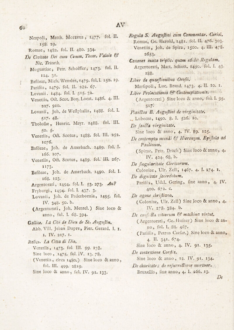 Neapoli, Matth. Moi*aviis, 1477« fol- 158. 29. Romae, 1482. fol. II. 480. 334* De Civitate Dei cum Cornm, Thom» Vilois €£? Nic, Triveth. Moguntiae, Petr. SclioifFer, 1473. fol. II. 124. 31. Bafileae, Mich. Wensler, r 479. fol. I. 150. 19. Parifiis, 1479» f^^* ^82. 6j. Lovanii. 1484* fol. I* 5^5* 3^^* Veiietiis, Ocl. Scot. Bon. Locat. 148^» 4* ^27. 910. Lovanii, Joli. de Weilplialia, 1488. fol. L . . 517- 48* Tholofae, Henric. Mayr. 1488- foi» KI. 50* 5- Venedis, Od. Scotiis, 1488* fol. HL 252. 10715. Bafileae, Joh. de Amerbach. 1489* f^J* 166. 107. Venedis, 06:. Scotus, 1489. fol. HL 267. 1173- Bafileae, Joh. de Amerbach. 1490. fol. L 168. 123. Argentorati, 1494. fol. I. 53.273. jin? Frybiirgi, 1494* fol. L 437. 3» Lovanii, Joh. de Paderbornia, 1495. fo^* IV. 348. 50- b. (Argentorati, Joh. Mentel.) Sine loco & anno, fol. I. 68. 394* Gallice, La Cite de Dieu de St. ^ugu/lin. Abb. Vili. Jehan Dupre, Pier. Gerard. I. i. I. IV. 217. I. Jtalice» La Citta di Dio, Vcnetiis, 1473. fol IIT. 99- ^38* Sine loco, 1475. fol. iV. 13.78. (Venedis, circa 1480.) Sine loco ^anno, fol. 111. 499. 2819. Sine loco & anno, fol. IV. 91, 133. Regula S. Auguflini cum Commentar. Coriol, Romae, Ge. Herold, 1481. fol. H* 47^* 303* Venedis, Joh, de Spira, 1500. 4. III. 478. 2653. Canones iuxta triplic» quam edidit Regulam. Argentorati, Mart. Schott. 1490. iol. I. 43. 188. Liber de qmeftionibus Orojii. Marfipoli, Luc. Brand. 1473. 4. II. lo. i. Uber Prolecutionis & Contemplationis. *■ (Argentorati) Sine loco & anno, fol-. I. 95. 507- ^ / Plancus B. Auguflim de virginitate. .. Lnbecae, 1490. 8- L 526. 10. De fan&a virginitate, Sine loco & anno, 4. IV. 89. 125. De contemptu mundi & Hieronym, Epijlola ad Pautinum. (Spirae, Petr. Dracli) Sine loco & anno, 4. IV. 424. 68. b. De fingularitate Clericorum. Coloniae, Ulr. Zeli, 1467. 4. I. 274. i. De dignitate /acerdotum, Parhiis, Udal. Gcring, fine anno, 4. IV, 400, 672. c. De agone chrijliano, ( Coloniae, Ulr. Zeli) Sine loco & anno, 4, IV. 278. 384. b. De confligii vitiorum & machina virtut. (Argentorati, Ge. Hufncr) Sine loco (Stan- no, fol. L 88. 467* (Parifiis, Petrus Caefar,) Sine loco (St anno, / 4 II. 341. 674. Sine loco & anno, 4. IV. 91. 135. De contritione Cordis, Sine loco & anno, 12. IV. 91, 134, De charitate; de rejurredfione mortuor, Bruxellis, fine anno, 4. I. 266. 13. Dc