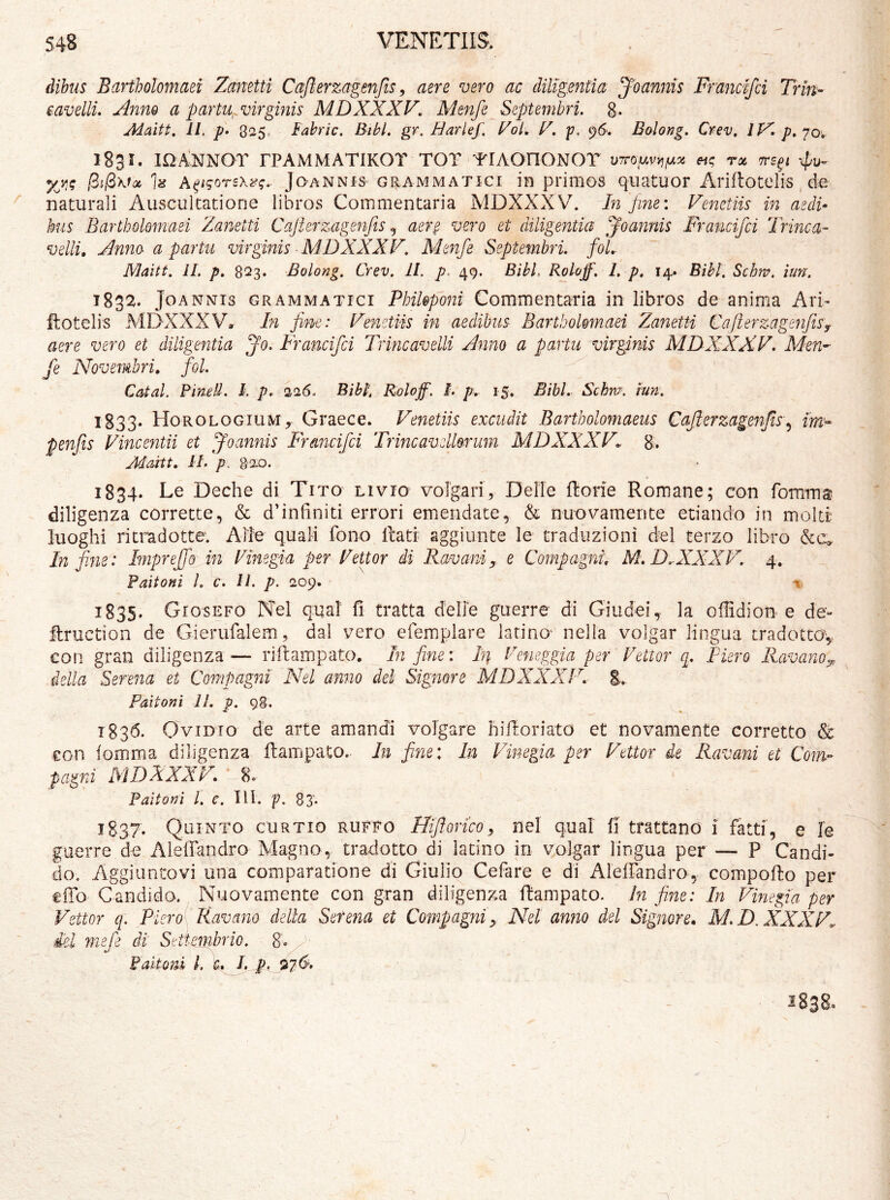 dibus Bartholomaei Zanetti Cqfterzagsitfts, aere vero ac diligentia Joannis Frmicifci Trin- eavellu Anno a partu^ virginis MDXXXV, Menfe^Septembri, g. Maitt, 11, p. 825. Fahric, Bthl. gr, Earief. FoL Z, p. 96. Bolong. Crev, IV’. p^yo» 1831. lOANNOT rPAMMATlKOT TOT TIAOnONOT etc; rx it^i xPu- yjg h A^tgorsx^g.. Joannis GRAMMATICI in primos qiiatuor Arillotelis de naturali Auscultatione libros Commentaria MDXXXV. In fi7%e\ Fenctiis in aedi* hus Bartholomaei Zanetti Cajierzagenfis, aere vero et diligentia joannis Fraucifci Trinca- velli. Anna a partu virginis ■ MDXXXV, Xlenfe Septembri. foL Maitt, 11, p, 823. Bolong. Crev. 11. p. 49. BibL Roloff. 1. p, 14* Bihl. Schw. iun. 1832. JOA NNis GRAMMATICI Philoponi Commentaria in libros de anima ArT ftotelis MDXXXV,- In fine: Venetiis in aedibus Bartholomaei Zanetti Vafterzagenfisy aere vero et diligentia Jo. Brancifci Trine avelli Anno a partu virginis MDXXXV, Men- fe Novembri, fol. Catal. Fineil. I. p. 226^ Bibi Roloff. I. p,. 15. BibL Schm. run. 1833. Horologium,- Graece. Venetiis excudit Bartholomaeus Cafi;erzagenfis\^ im*^ penfis Vincentii et Joannis irancifei Trineavellerum MDXXXV^ g;. Jdoritt. i/, p. 82.0. 1834. Le Deche di Tito livio volgari, DelTe ftorie Romane; con fomms diligenza corrette, & d’infiniti errori emendate, h nuovamente etiando in molti luoghi ritnadotte. Alie quali fono Rati aggiunte le traduzioni dei terzo libro In fine: Imprejfio in Vinegia per VeUor di Ravani, e Compagni M. D,.XXXPL 4. Paitofii 1. c. 11. p. 209. -1 1835. Giosefo Nel qual fi tratta delle guerre di Giudei, Ia offidion e de» ftruction de Gierufalem, dai vero efemplare latino- nella volgar lingua tradottOv con gran diligenza— rifiampato. In fine: h} Teneggia per Vettor q. Piero Ravano^ della Serena et Compagni Nel anno dei Signore MDXXXV,- %, Paitoni 11. p. q8. 1836. Ovidio de arte amandi volgare hiflioriato et novamente corretto & €on iomma diligenza fiampato. In fine: In Vinegia per Vettor de Ravani et Com- pagni MDXXXPL ■ 8» Paitoni l, C. IU. p. 83'. 1837. Quinto curtio ruffo Hifioricoy nel qual fi trattano 1 fatti, e le guerre de Alefiiindro Magno, tradotto di latino in volgar lingua per — P Candi- do. Aggiiintovi una comparatione di Giulio Cefare e di Aleffandro, compofio per HTo Candido. Nuovamente con gran diligenza ftampato. fn fine: In Vinegia per Vettor q. Piero' Ravano della Serena et Compagniy Nel anno dei Signore» M,D.XXXVo. dei mefe di Settembrio. 8» Paltom L I, p.