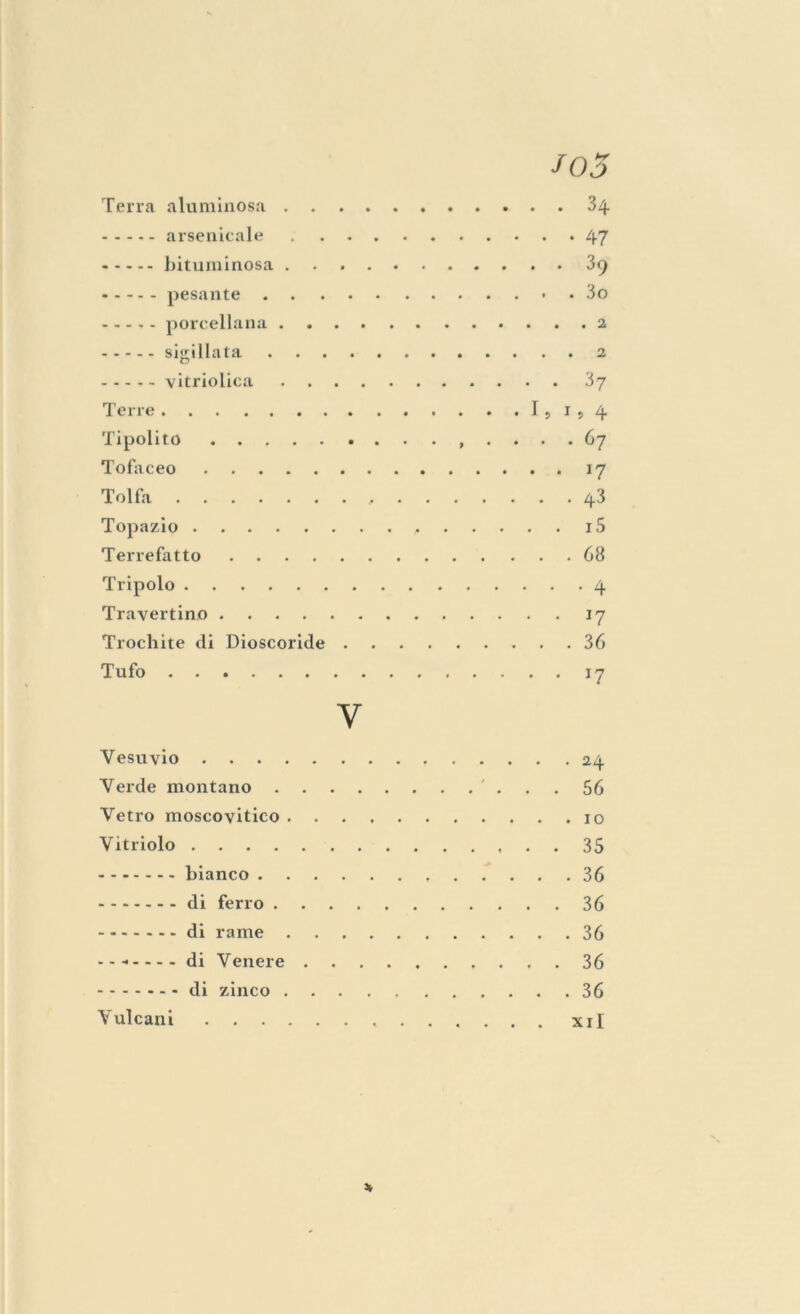Terra aluminosa 34 arsenicale 47 bituminosa 39 pesante 3o porcellana 2 sigillata 2 vitriolica 37 Terre 1,1,4 Tipolito , 67 Tofaceo 17 Tolfa 43 Topazio i5 Terrefatto 68 Tripolo 4 Travertino 17 Trochite di Dioscoride 36 Tufo 17 Y Vesuvio 24 Verde montano 56 Vetro moscovitico io Vitriolo 35 bianco 36 di ferro 36 di rame 36 ......... di Venere 36 di zinco 36 Vulcani xi I