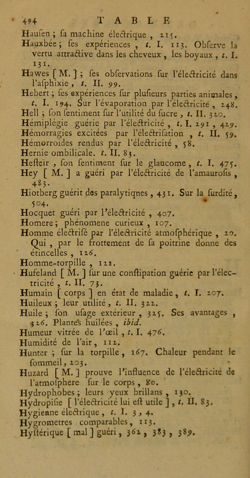 Haufen ; fa machine éleétrique , 115. Hauxbée ; fes expériences , t. I. 113. Obferve la vertu attraftive dans les cheveux , les boyaux , t. I. 131. Hawes [ M. ] ; fes obfervations fur l’éleftricité dans l’afphixie , t, II. 99. Hebert ; fes expériences fur plufieurs parties animales , t. I. 194. Sur l’évaporation par l’électricité , 148. Hell ; fon fentiment fur l’utilité du fucre , t. II. 32.0. Hémiplégie guérie par l’éleélricité , t. I. 191 , 419. Hémorragies excitées par l’électrifation , t. II. 59. Hémorroïdes rendus par l’éle&ricité , 58. Hernie ombilicale, t. II. 83. Hefteïr , fon fentiment fur le glaucome, t. I. 475. Hey [ M. ] a guéri par l’éle&ricité de l’amaurofis , 4S3. Hiotberg guérit des paralytiques ,431. Sur la furdité, 5°4. Hocquet guéri par l'électricité , 407. Homere; phénomène curieux, 107. Homme éleétrifé par l’éle&ricité atmofphérique , 10. Qui , par le frottement de fa poitrine donne des étincelles , 116. Homme-torpille , izî. Hufeland [ M. ] fur une conftipation guérie par l’élec- tricité , r. II. 7 3. Humain [ corps ] en état de maladie, t. I. 107. Huileux; leur utilité, t. II. 311. Huile; fon ufage extérieur, 3ZJ. Ses avantages , 3 z6. Plante^ huilées , ibid. Humeur vitrée de l’œil , t. I. 476. Humidité de l’air, nz. Hunter ; fur la torpille, 167. Chaleur pendant le fommeil, Z03. Huzard [ M. ] prouve l’influence de l’éleftricite de l’atmolphere fur le corps , 80. Hydrophobes; leurs yeux brillans , 130. Hydropifie [ l’électricité lui efl utile ] , t, II. 83. Hygienne éleétrique , t. I. 3,4. Hygromètres comparables, 113. HyÜérique [ mal ] guéri, 36Z, 383, 383).