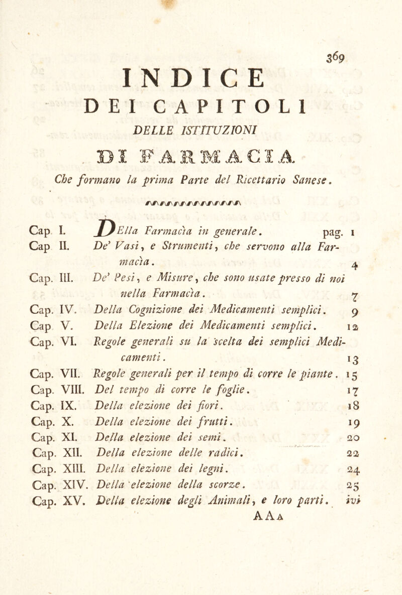 3^9 INDICE DEI CAPITOLI DELLE ISTTTUZIONI »! FA Che formano la prima Parte del Ricettario Sane se. #\#\ #\#^ t\g\g\£^ i\g\t\r\f\r\ Cap I. Gap II. Cap. III. Cap, IV. Cap V. Gap. VI. Cap. VII. Cap. Vili. Cap. IX. Cap. X. Cap. XI. Cap. XII. Cap. XIII. Cap. XIV. Cap. XV. J^Ella Farmacìa in generale. pag. i De' Vasi., e Strumenti., che servono alla Far- macìa . A De’ Pesi, e Misure, che sono usate presso di noi nella Farmacìa. Della Cognizione dei Medicamenti semplici. o Della Elezione dei Medicamenti semplici. 12 Regole generali su la 'scelta dei semplici Medi- camenti . 13 Regole generali per il tempo di corre le piante. 15 Del tempo di corre le foglie. Della elezione dei fiori. Della elezione dei frutti. Della elezione dei semi. Della elezione delle radici. Della elezione dei legni. Della'elezione della scorze. Della elezione degli Animali, e loro parti. AAa 17 18 19 20 22 24 25 ivi