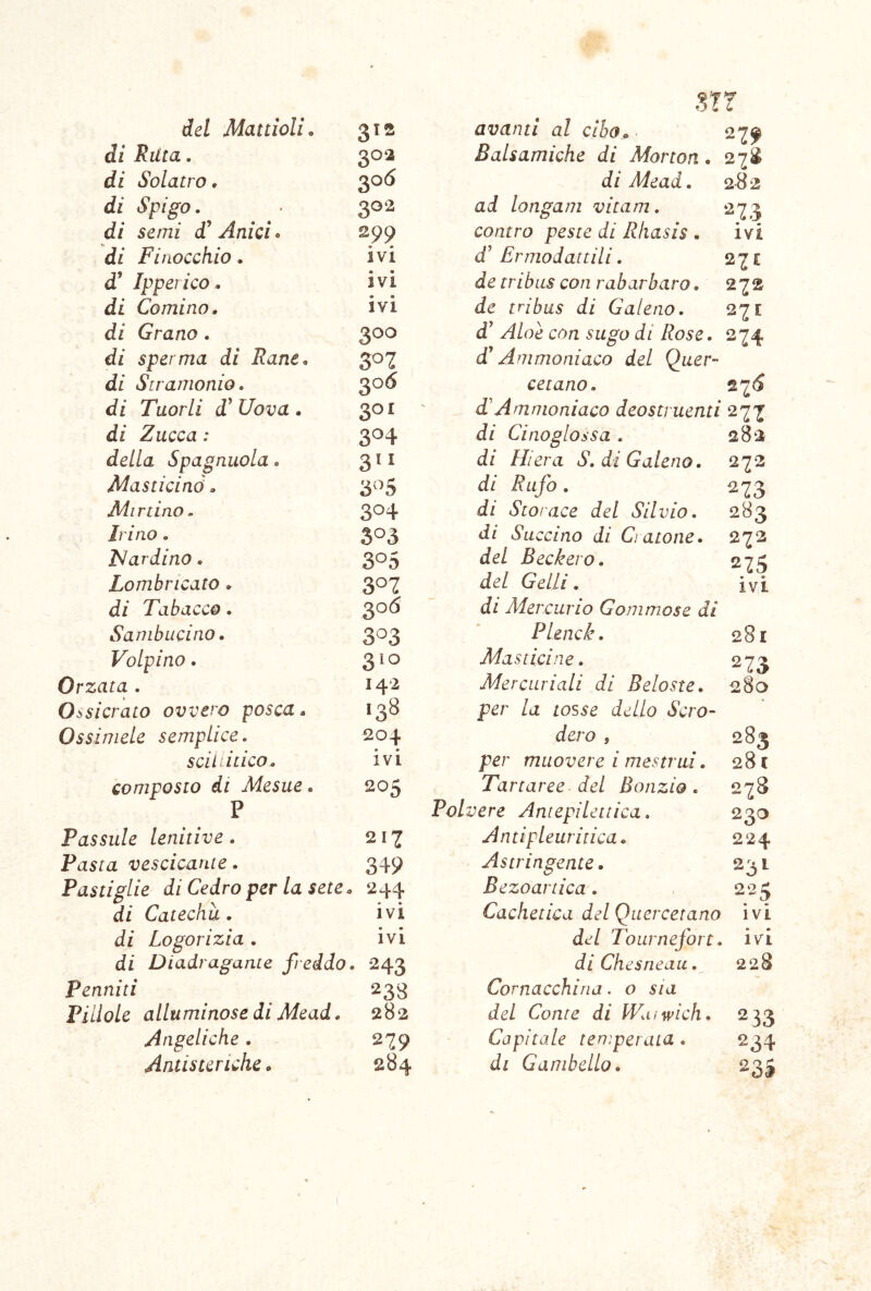 di Ruta. 302 di Solatro, 306 di Spigo. 302 di semi di* Anici « 299 di Finocchio. ivi d* Ipperico. ivi di Cornino. ivi di Grano . ^00 di sperma di Rane. 307 di Stramonio. 306 di Tuorli d* Uova . 301 di Zucca : 304 della Spagnuola. 311 Masticinó. 3v^5 Mirtino. 3^4 Ir ino. 3^3 Nardino. 3*^5 Lombricato. 3^7 di Tabacco. ^06 Sambucino. 303 Volpino. 310 Orzata. Ossicrato ovvero posca. 138 Ossimele semplice. 204 sdì litico. ivi composto di Mesue. 205 P Passide lenitive . 217 Pasta vescicante. 349 Pastiglie di Cedro per la sete. 244 di Catechù. ivi di Logorizia . ivi di Diadragame freddo. 243 Penniti 233 paiole alluminose di Mead. 282 Angeliche. 279 Antisteriche. 284 str Balsamiche di Morton. 27S di Mead. 282 ad longam vitam. 273 contro peste di Rhasis . ivi d' Ermodattili. 27 £ de tribus con rabarbaro. 272 de tribus di Galeno. 271 d* Aloè con sugo di Rose. 274 d* Ammoniaco del Quer- cetano. 27^ TAmmoniaco deostruenti 277 di Cinoglossa . 282 di Hi era S. di Galeno. 272 di Rufo. 273 di Storace del Silvio. 283 di Sa ccino di Ciatone. 272 del Beckero. 275 del GelLi. ivi di Mercurio Gommose di Plenck. 281 Masticine. 273 Mercuriali di Beloste. ^80 per la tosse dello Scro- dero , 283 per muovere i mestrui. 281 Tartaree del Bonzio . 278 Polvere Antepilettica. 230 Antipleuritica. 224 Astringente. 231 Bezoartica. 223 Cachetica del Qiiercetano ivi del Tournefort. ivi diChesneaii. 228 Cornacchina. o sia del Conte di Wuiwich, 233 Capitale ten:peraLd . 234 di Gambello. 235