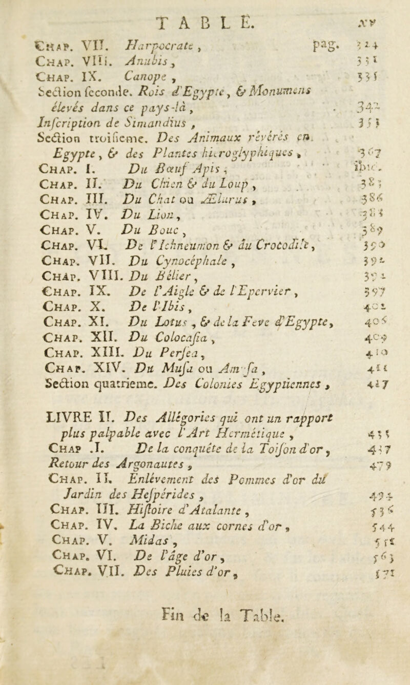 Ch a P. VIT. Harpocrate , Chap. Vlli. Anubis , Chap. IX. Canope , beclion fcconde. Rois d'Egypte, & Monument élevés dans ce pays-là, Infcription de Simandius , Section troifieme. Des Animaux révères en p ag. U 4 Chap. XI. Du Lotus , & de la Feve d'Egypte, Chap. XII. Du Colocafta , Chap. XIII. Perjea, Chap. XIV. Riuja ou Anrfa, Section quatrième. Colonies Egyptiennes , i> y1 5 H 34- h:* Egypte, 6* des Plantes hiéroglyphiques > 7^7 Chap. I. /?œ«/ Apis, ilv.c. Chap. IL Du Chien & du Loup , 3 S '5 Chap. III. Du Chat ou Ælurus > 384 Chap. IV. Du Lion, • 5Î'i 3 Chap. V. ZCz Z?u^c , 3 H' Chap. VL ZL f îchneUmon & au Crocodile, 59^ Chap. Vil. Z>xx Cynocéphale , 3 9 - Chap. VIII . Hü Bélier, 37’- Chap. IX. De L'Aigle & de lEpcrvier, 3 97 Chap. X. /’ZivX , 4ci 40 < 4c $ 4.10 4“ 4*7 LIVRE IT. Allégories qui ont un rapport plus palpable avec l'Art Hermétique , Chap .1. De la conquête de la Toijon d'or, Zej Argonautes 9 Chap. II. Enlèvement des Pommes d'er du Jardin des Hejpérides 9 Chap. IÎI. Hijloire d'Atalante , Chap. IV. La Biche aux cornes d'or « Chap. V. Adidas , Chap. VI. De l'àge d'or , Chap. Vil. Des Pluies d'or 9 4> % •417 47 9 î 4 4 5 fî S7* Fia de !a Table.