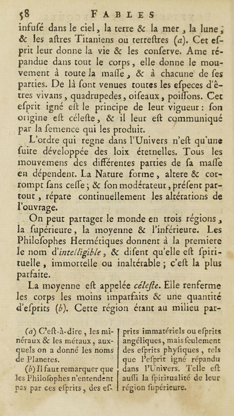 infufé dans le ciel, la terre fk la mer la lune ; & les aftres Titaniens ou terreftres (a). Cet ef- prit leur donne la vie ôc les conferve. Ame ré- pandue dans tout le corps, elle donne le mou- vement à toute la malle y ôc à chacune de Tes parties. De la font venues toutes les efpeces d’ê- tres vivans, quadrupèdes, oifeaux* poilTons. Cet efprit igné eft le principe de leur vigueur : fon origine eft célefte, & il leur eft communiqué par la femence qui les produit. L’ordre qui régné dans l’Univers n’eft qu’une fuite développée des loix étemelles. Tous les mouvemens des différentes parties de fa malfe en dépendent. La Nature forme, altéré ôc cor- rompt fans ceffe ; & fon modérateur, préfent par- tout , répare continuellement les altérations de l’ouvrage. On peut partager le monde en trois régions 3 la fupérieure, la moyenne Ôc l’inférieure. Les Philcfophes Hermétiques donnent à la première le nom d’intelligible, Ôc difent qu’elle eft fpiri- tuelle , immortelle ou inaltérable ; c’eft la plus parfaite. La moyenne eft appelée célefte. Eile renferme les corps les moins imparfaits ôc une quantité d’efprits (é). Cette région étant au milieu par- (a) C’eft-à-dire , les mi- néraux & les métaux, aux- quels on a donné les noms de Planètes. (/>) Il faut remarquer que les Philofophes n’entendent pas par ces efprits, des eft prits immatériels ou efprits angéliques, mais feulement des efprits phyfiques , tels que l’efprit igné répandu dans l’Univers. Telle eft aufîi la fpiritualité de leur région fupérieure.