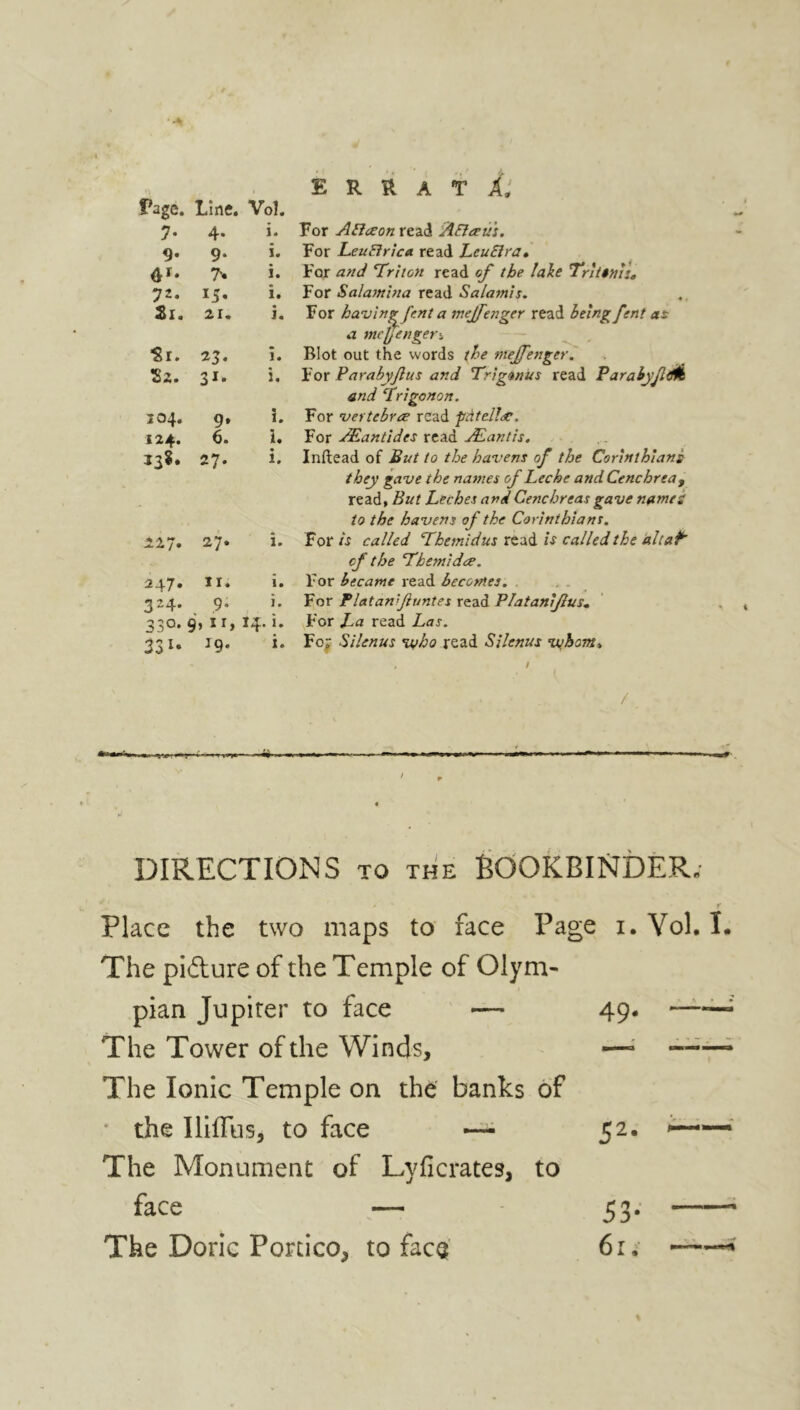 Page. Line. Vol. j. 4. i- 9. 9. i. 7* i- 72. 15. i. 51. 21. i. ■Sr. 23. i. 52. 31. i« 104. 9, i. 124. 6. i. 13?. 27. i. 227. 27* i. 247. II. i. 324. 9. i. 330. 9, ir, 14. i. 331. 19. i. For Ahiaeon read Ahleeus. For Leublrica read LeuEira» For and ‘Triton read of the lake Trit$ni:e For Salami?:a read Salamis. For having fent a me])eager read being fent at a tncffetigeri Blot out the words the mejfenger. For Parabyjlus and Trigonus read Parabyjldtk and Trigonon. For vertebrae read gdtdlse. For JEantides read ALantis. Inftead of But to the havens of the Corinthians they gave the names of Leche and Cenchrea9 read, But Leches and Cenchreas gave names to the havens of the Corinthians. For is called Themidus read is called the alt at of the Them}dee. For became read becomes. For Platan’’funtes read Platanijlus* For La read Las. For Si/enus who read Silenus whom* i / • • / t DIRECTIONS to the BOOKBINDER. - f Place the two maps to face Page 1. Vol. I. The pidlure of the Temple of Olym- pian Jupiter to face — 49. —— The Tower of the Winds, — —— The Ionic Temple on the banks of the IliiTus, to face —■ 52. >— The Monument of Lyficrates, to face — 5:>* The Doric Portico, to face 61.