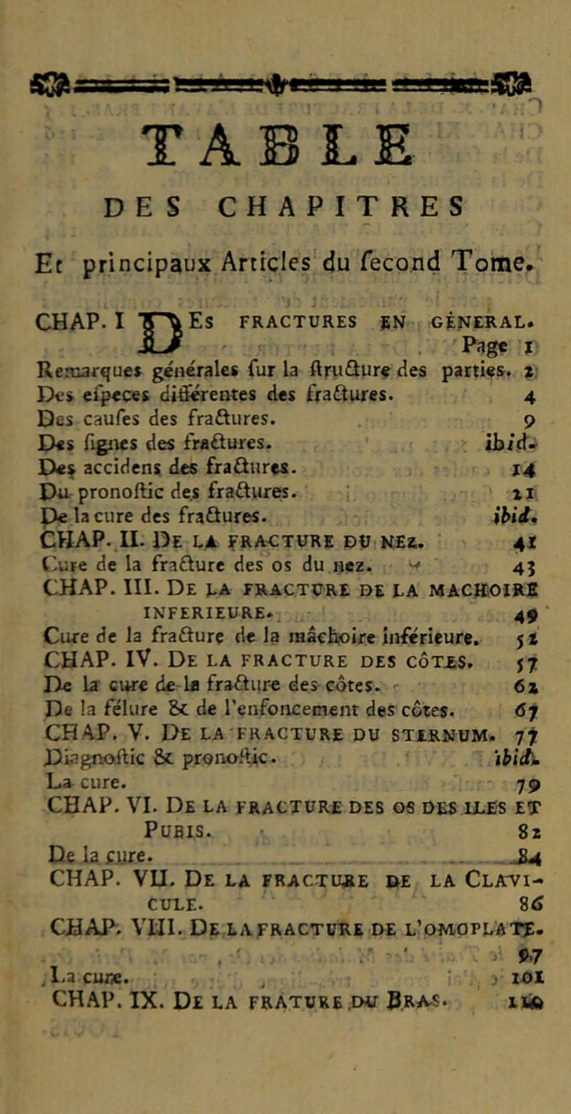 TABLE DES CHAPITRES Et principaux Articles du fécond Tome. CHAP. I irXkES FRACTURES EN GENERAL. U Page i Remarque* générales fur la ftruûure des parties, z 4 9 ib/cL ' 14 il\ ibid. 4* 45 Des eipeces différentes des fraûures. Des caufes des fraûures. Des figues des fraûures. Des accidens des fraûures. Du pronoftic des fraûures. Pela cure des fraûures. CHAP. II. De la fracture du nez.. Cure de la fraûure des os du nez. y CHAP. III. De la fracture de la macecoire INFERIEURE. Cure de la fraûure de la mâchoire inférieure. CHAP. IV. De la fracture des côtes. De la cure de la fraôture des côtes. De la fêlure St de l’enfoncement des cotes. CHAP. V. De la fracture du sternum. 49 î* 57 6i *7 77 'ibid» Diagnoilic St pronoftic. La cure. 79 CHAP. VI. De la fracture des os des îles et Pubis. 8z De la pure. . ... £4 CHAP. VU. De la fracture de la Clavi- cule. 86 CHAP. VIII. De la fracture de l’omoplate. 97 . La cm*. . y lOl CHAP. IX. De la frature.du Bra.s. iis>