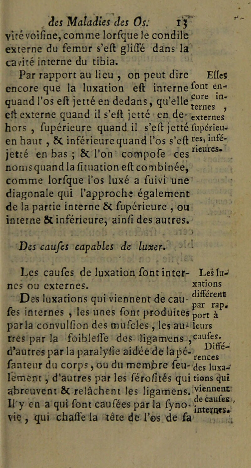 , âes Maladies des Os: vltévoifine, comme lorfque le condile externe du fémur s’eft gliffié dans la ca/ité interne du tibia. Par rapport au lieu , on peut dire Elles encore que la luxation eft interne quand l’os eft jetté en dedans, eft externe quand il s’eft jetté en de- externes^ hors , fupérieure quand il s’eft jetté fupérieu- enhaut , 6c inférieure quand l’os s’eft jetté en bas ; &. l’on compofe ces . nomsquand la fit nation eft combinée, comme lorfque l’os luxé a fuivi une diagonale qui l’approche également de la partie interne & fupérieure , ou interne ôl inférieure, ainfi des autres. i Des caufcs capables de luxer. Les caufes de luxation font inter- LesluJ nés ou externes. xations Des luxations qui viennent de eau- les internes , les unes lont produites port à parla convulfion des mufcles, les au^ leurs rres par la foiblefie des ligam’ens jCaufes.^ d’autres par la paralyfie aid^ede fanteur du corps, ou du membre feu- ^es luxa- lement, d’autres par les férofités qui tions qui abreuvent & relâchent les ligamens.’'^‘*®“*^ U y en a qui font caufées par la fyno> vie , qui chafte la tête de l’os de fa ^