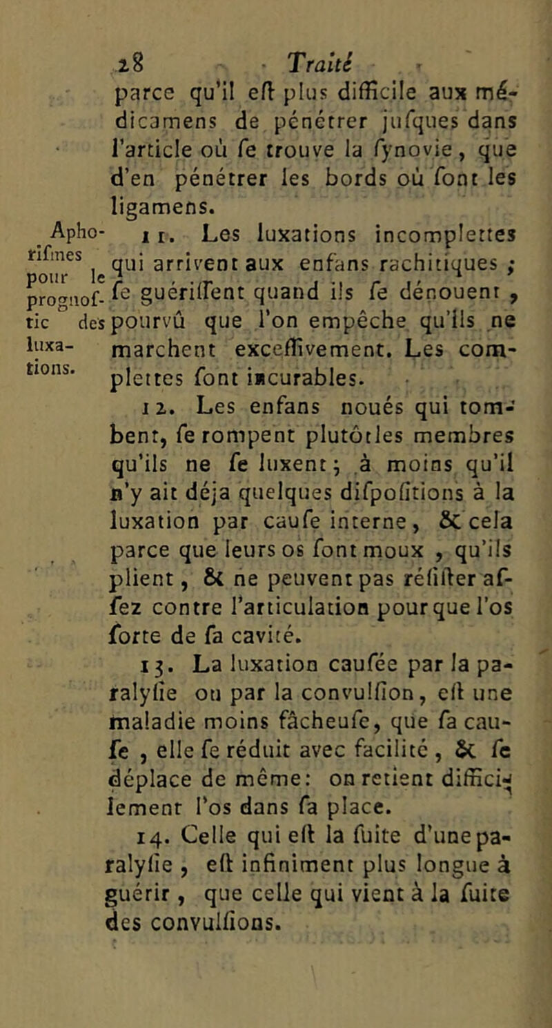 parce qu’il efl plus difficile aux mé- dicamens de pénétrer jufques dans l’article où Ce trouve la fynovie, que d’en pénétrer les bords où font les ligamens. _ Apho- 11. Les luxations incomplettes l^qui arrivent aux enfans rachitiques ; pro^iiof-guérilFent quand ils fe dénouent , tic des pourvu que l’on empêche, qu’ils ne luxa- marchent exceffivement. Les corn- tions. piettes font iicurables. 12. Les enfans noués qui tom- bent, fe rompent plutôtles membres qu’ils ne fe luxent j à moins qu’il n’y ait déjà quelques difpofitions à la luxation par caufe interne , ÔC cela parce que leurs os font moux , qu’ils plient, ne peuvent pas réfiller af- fez contre l’articulation pourquel’os forte de fa cavité. 13. La luxation caufée par la pa- ralylie ou par la convulfion, ell une maladie moins fâcheufe, que fa cau- fe , elle fe réduit avec facilité , & fe déplace de même: on retient diffici^ lemenr l’os dans fa place. 14. Celle qui e(l la fuite d’une pa- ralylîe , eft infiniment plus longue à guérir, que celle qui vient à la fuite des convulfioüs.