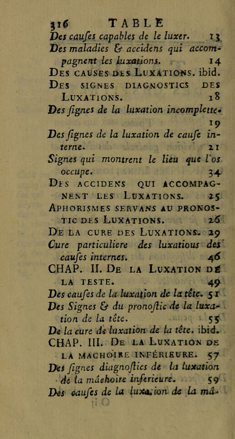 jîg TABLE I)€S caufes capables de le luxer. i j Des maladies & accidens qui accom^ pagnent les luxations. 14 Des causes des Luxations, ibid. Des signes diagnostics des Luxations. 18 Des Jîgnes de la luxation incomplette» Desjignes de la luxation de caufe in~ terne. 11 Signes qui montrent le lieu que l'os occupe. 34. Des accidens qui accompag- nent LES Luxations. 25 Aphorismes servans au pronos- tic DES Luxations. 26 De la cure des Luxations. 29 Cure particulière des luxations dti caufes internes. 4<5 CHAP. II. De la Luxation dé la teste. 49^ Des caufes de la luxation de la tête. 5 r Des Signes & du pronojlic de la luxa- tion de la tête. 55 De la cure de luxation de la tête. ibid. CHAP. III. Dh la Luxation de LA MACHOIRE INFÉRIEURE. 57 Des fignes diügnojîics de la luxation • de la mdekoîre inferieurs. 59 Des oaufes de La luxation ds la nw-