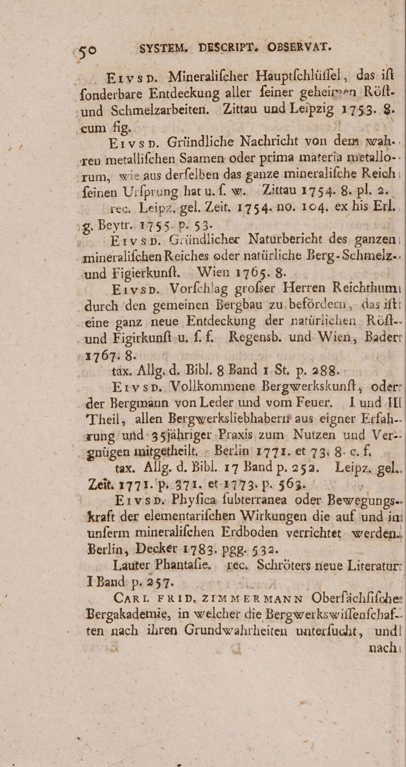 &gt; Eıvsp. Mineralifcher Hauptichlüffel, das ifl fonderbare Entdeckung aller feiner geheim*n Röft- und Schmelzarbeiten. Zittau und Leipzig 1753. 8. ‚cum fig. | | AD.5r N Eıvso. Gründliche Nachricht von dem wah- ren metallifchen Saamen oder prima materia metallo-- zum, wie aus derfelben das ganze mineralifche Reich ı feinen Urfprung hat u.f. w.. Zittau 1754. 8. pl. 2. rec. Leipz. gel. Zeit. 1754. n0. 104. ex his Erl.. 1. Beytr. 1755. p- 53- Fr „. :Eıvso. Gründlicher Naturbericht des ganzen mineralifchen Reiches oder natürliche Berg- Schmelz«. und Figierkunft. Wien 1765. 8. | ‚Eıvsp. Vorfchlag großser Herren Reichthumı durch den gemeinen Bergbau zu.befördern ,. das ifti eine ganz neue Entdeckung der natürlichen Röft-- und Figirkunft-u. £.f. Regensb. und Wien, Baderr TON Sr E tax. Allg.d. Bibl. 8 Band ı.St, p. 288. -Ervsp.. Vollkommene Bergwerkskunft, oder: der Bergmann von Leder und vom Feuer. I und IE Theil, allen Bergwerksliebhaberı? aus eigner Erfah-- zung und 35jähriger ‚Praxis zum Nutzen und Ver-- gnügen mitgetheilt, - Berlin 1771. et 73: 8: c. f, tax. Allg. d. Bibl. 17 Band p. 252. Leipz. gel. Zeit: 1771.'P 371. et:27773. P. 563. Pag Eıvsp. Phyfica fubterranea oder Bewegungs-- kraft der elementarifchen Wirkungen die auf und im unferm mineralifchen Erdboden verrichtet werden., Berlin, Decker 1783. pgg: 532. . Lauter Phantalie. ec. Schröters neue Literatur I Band: p. 257. rk ); | CARL FRID, ZIMMERMANN Oberfächfifche: Bergakademie, in welcher die Bergwerkswiflenfchaf.- ten nach ilıren Grundwahrheiten unterfucht, undl | | nachı