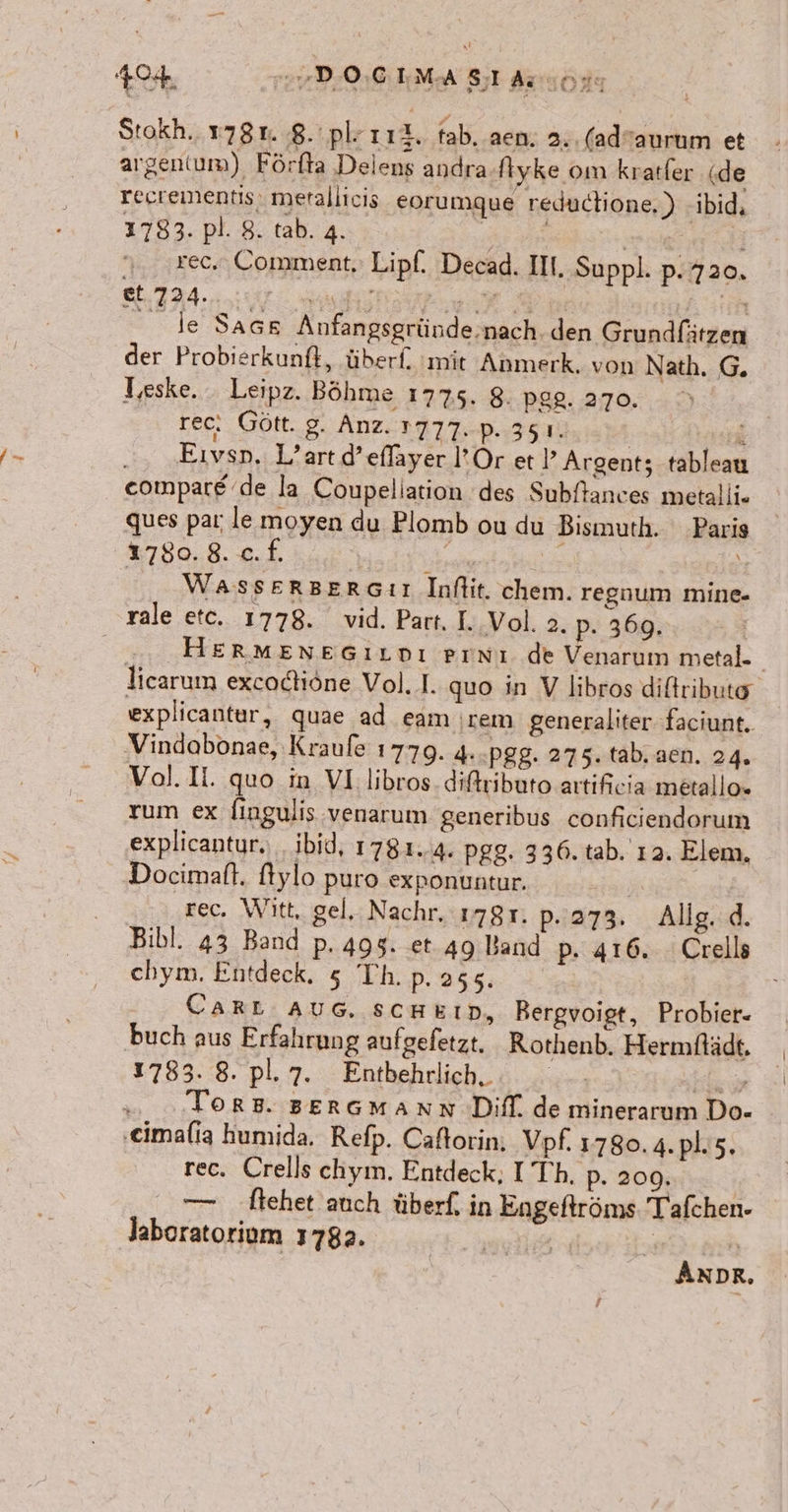 Stokh. 7781. 8.'pl- 118, tab, aen. 2. .(adaurum et argentum) Förfta Delens andra.fiyke om kratfer (de recrementis, merallicis eorumque reductione, ) -ibid. 1783. pl. 8. tab. 4. | | : %.. rec. Comment, Lipf. Decad. II, Suppl. p. 720, et 724... N a et it Je Sack Anfangsgründe.nach. den Grundfätzen der Probierkunft, überf. 'mit Anmerk. von Nath. G. J,eske. . Leipz. Böhme 1775. 8. pgg. 270. rec! Gött. g. Anz. 1777. P.:35 1. | x Eıvsp, L’art d’effayer l’Or et PP Argent; tableau eompare&amp; de la Coupeliation des Subftances metalli. ques par: le moyen du Plomb ou du Bismuth. Paris 1780.8. cf. WASSERBERGıIL Inftit. chem. regnum mine- Vindobonae, Kraufe 1779. 4..pgg. 275. tab. aen. 24. Vol. Ii. quo in VI libros diftributo artificia metallo- rum ex lingulis venarum generibus conficiendorum explicantur., ibid, 1781..4. pgg. 336. tab. 12. Elem, Docimaft. ftylo puro exponuntur. rec. Witt, gel, Nachr. 1781. p.273. Allg. d. Bibl. 43 Band p. 495. et. 49 Band p. 416. Crells chym. Entdeck. 5 Th. p. 255. Cart AUG. scHkın, Bergvoigt, Probier- buch aus Erfahrung aufgefetzt. Rothenb. Hermflädt, 1783. 8. pl.7. Entbehrlich,. 90, ToRB. BERGMANN Diff. de minerarum Do- rec. Crells chyın. Entdeck,; I Th. p. 209. — ftehet auch tüberf, in Engeflröms Tafchen- laboratoriom 1783. er ® ANDR,