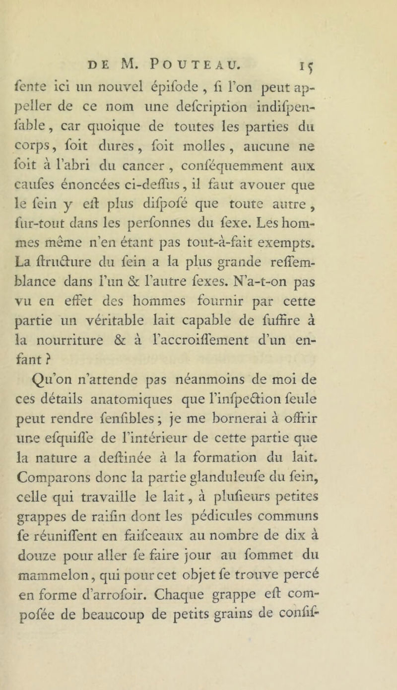 fente ici un nouvel épifode , fi l’on peut ap- peller de ce nom line defeription indifpen- lable, car quoique de toutes les parties du corps, l'oit dures , foit molles , aucune ne foit à l’abri du cancer , conféquemment aux caufes énoncées ci-deffus, il faut avouer que le fein y ed plus difpofé que toute autre , fur-tout dans les perfonnes du fexe. Les hom- mes même n’en étant pas tout-à-fait exempts. La ftruéhire du fein a la plus grande reffem- blance dans l’un &amp; l’autre fexes. N’a-t-on pas vu en effet des hommes fournir par cette partie un véritable lait capable de fuffire à la nourriture &amp; à l’accroiffement d’un en- fant ? Qu’on n’attende pas néanmoins de moi de ces détails anatomiques que l’infpe&amp;ion feule peut rendre fenfibles ; je me bornerai à offrir une efquiffe de l’intérieur de cette partie que la nature a deftinée à la formation du lait. Comparons donc la partie glanduleufe du fein, celle qui travaille le lait, à plufieurs petites grappes de raifin dont les pédicules communs fe réuniffent en faifeeaux au nombre de dix à douze pour aller fe faire jour au fommet du mammelon, qui pour cet objet fe trouve percé en forme d’arrofoir. Chaque grappe eft com- pofée de beaucoup de petits grains de confif-