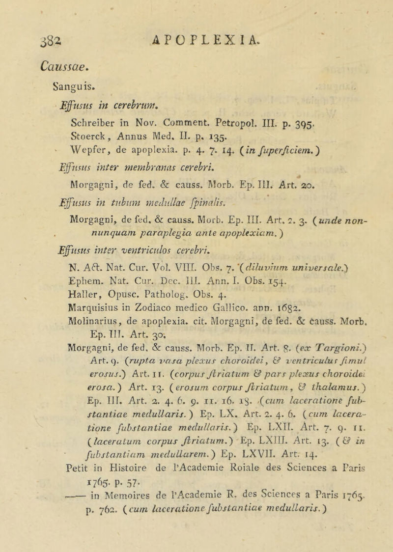 Caussae. Sanguis. Effusus in cerebrum. Schreiber in Nov. Comment. Petropol. III. p. 395. Stoerck, Annus Med. II. p. 135. - Wepfer, de apoplexia, p. 4. 7. 14. (in fuperficiem.) Effusus infer membranas cerebri. * Morgagni, de fed. & causs. Morb. Ep. III. Art. 20. Effusus in tubum medullae [pinalis. Morgagni, de fed. & causs. Morb. Ep. III. Art. 2. 3. ( unde non- nunquam paraplegia ante apoplexiam. ) Effusus inter ventriculos cerebri. N. A6b. Nat. Cur. Vol. VIII. Obs. 7.'(diluvium universale.) Ephem. Nat. Cur. Dec. 111. Ann. I. Obs. 154. Haller, Opusc. Patholog. Obs. 4. Marquisius in Zodiaco medico Gallico, ann. 1682. Molinarius, de apoplexia, cit. Morgagni, de fed. & causs. Morb. Ep. IIT. Art. 30. Morgagni, de fed. & causs. Morb. Ep. II. Art. 8. (ex Targioni.) Art. 9. (rupta vasa plexus choroidei, & ventriculus fimul erosus.') Art. 11. (corpus Jlriatum & pars plexus choroidei erosa.) Art. 13. (erosum corpus Jlriatum, & thalamus.) Ep. IIT. Art. 2. 4. 6. 9. 11. 16. 13. [cum laceratione fub- stantiae medullaris.) Ep. LX. Art. 1. 4. 6. (cum lacera- tione fubstantiae medullaris.) Ep. LXII. Art. 7. 9. n. (laceratum corpus Jlriatum.) Ep. LXIIL Art. 13. ( & in fubstantiam medullarem.) Ep. LXV1I. Art. 14. Petit in Histoire de 1’Academie Roiale des Sciences a Paris 1765- P- 57- in Memoires de 1’Academie R. des Sciences a Paris 1765. p. 762. (cum laceratione fubstantiae medullaris.)