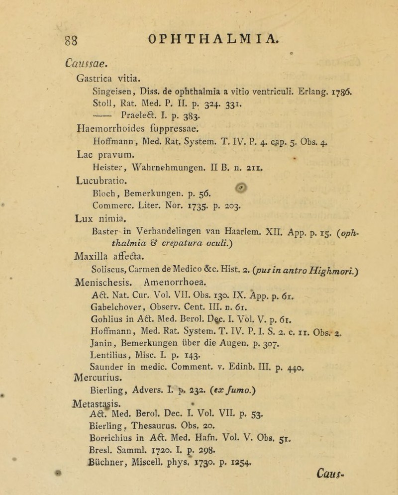 Caussae, Gastrica vitia. Singeisen, Diss. de Ophthalmia a vitio ventriculi. Erlang. i78<5. Stoll, Rat. Med. P. II. p. 324. 331. Praeleft. I. p. 383. Haemorrhoides fuppressae. Hoffmann, Med. Rat. System. T. IV. P. 4. cpp. 5. Obs. 4. Lac pravum. Heister, Wahrnehmungen. II B. n. 211. Lucubratio. Bloch, Bemerkungen. p. 56. Commere. Liter. Nor. 1735. p. 203. Lux nimia. Baster in Verhandelingen van Haarlem. XIL App. p. 15. {oph- thalmia & crepatur a oculi.') Maxilla alFeda. Soliscus, Carmen de Medico &c. Hist. 2. {pus in antro Highmori.) Menischesis. Amenorrhoea. A6t. Nat. Cur. Vol. VII. Obs. 130. IX. App. p. 61. Gabelchover, Observ. Cent. III. n. 61. Gohlius in A6t. Med. Berol. D^c. I. Vol. V. p. 61. Hoftmann, Med. Rat. System. T. IV. P. I. S. 2. c. ir. Obs.-2. Janin, Bemerkungen iiber die Augen, p. 307. Lentilius, Misc. I. p. 143. Saunder in medie. Comment. v. Edinb. III. p. 440, Mercurius, Bierling, Advers. I. p. 232. (ea; fumo.) Metastasis. • Aft. Med. Berol. Dec. I. Vol. VII. p. 53. Bierling, Thesaurus. Obs. 20. Borrichius in Aft. Med. Hafn. Vol. V. Obs. 51, Bresl. Samml. 1720. I. p. 298. Buchner, Miscell. phys. 1730. p. 1254. Caus-