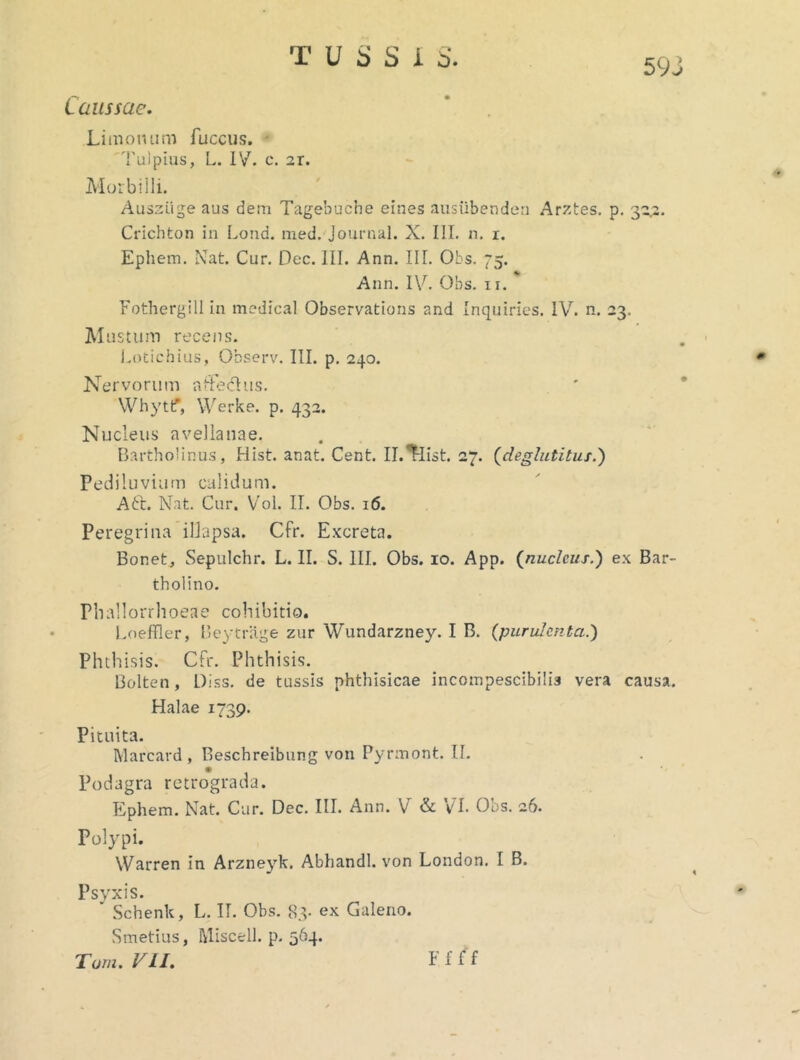 59J Caussae. Limonum fuccus. Tulpius, L. IV. c. 2i. Morbilli. Ausziige aus dem Tagebuche eines ausiibenden Arztes. p. 32,2. Crichton in Lond. med. Journal. X. III. n. 1. Ephem. Nat. Cur. Dec. III. Ann. III. Obs. 75. Ann. IV. Obs. 11. Fothergill in medical Observations and Inquiries. IVr. n. 23. Mustum recens. Lotichius, Observ. III. p. 240. Nervorum affedhis. WhyttT, Werke. p. 432. Nucleus avellanae. Bartholinus, Hist. anat. Cent. Il.^iist. 27. (deglutitus.) Pediluvium calidum. Aft. Nat. Cur. Vol. II. Obs. 16. Peregrina illapsa. Cfr. Excreta. Bonet, Sepulchr. L. II. S. III. Obs. 10. App. (nucleus.) ex Bar- tholino. Pballorrhoeae cohibitio. Loeffler, Beytriige zur Wundarzney. I B. (purulenta.) Phthisis. Cfr. Phthisis. Bolten, L)iss. de tussis phthisicae incotnpescibilis vera causa. Halae 1739. Pituita. Marcard , Beschreibung von Pyrmont. II. Podagra retrograda. Ephem. Nat. Cur. Dec. III. Ann. V & VI. Obs. 26. Polypi. Warren in Arzneyk. Abhandl. von London. I B. Psyxis. ’ Schenk, L. II. Obs. 83- ex Galeno. Smetius, ftlisctll. p. 564.