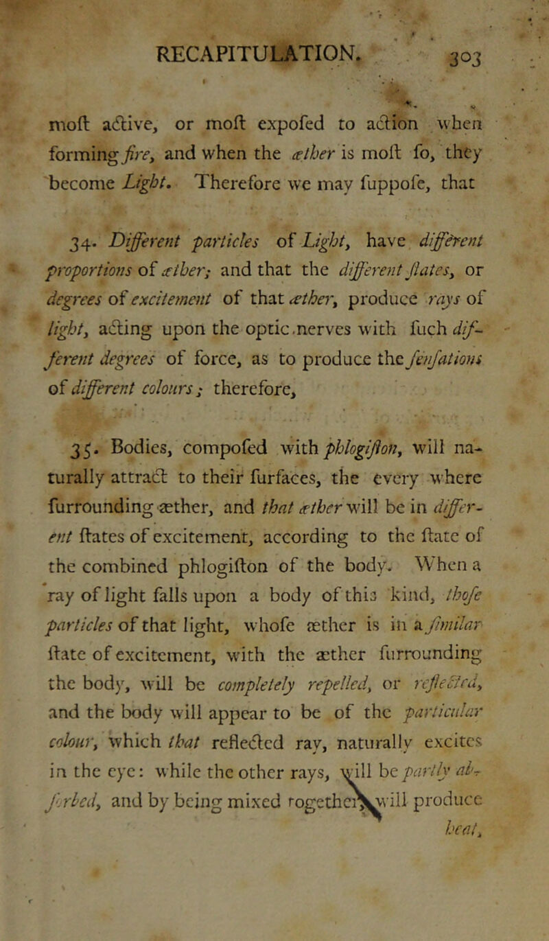 I '• iL • V moft adlive, or moft expofed to aclion when forming and when the cether is vao?i fo, they become Light. Therefore we may fuppofe, that i 34. Differcfit ■particles of Lighty have different proportions of tether; and that the different JiateSy or degrees of excitement of that tethery produce rays of lighty adting upon the optic.nerves with fuch dif- ferent degrees of force, as to produce the JenJations of different colours ; therefore. 35. Bodies, compofed y^ixhphlogfony will na- turally attract to their furfaces, the every where furrounding gether, and that /ether-^iXi be in differ- ent ftates of excitement, according to the ftatc of the combined phlogifton of the body. W' hen a ray of light falls upon a body of this kind, thofe particles of that light, whofe aether is in a fmiilar ifatc of excitement, with the aether furrounding the body, wUl be completely repelledy or rejle&cdy and the body will appear to be of the particular cohury which that refledted ray, naturally excites in the eye: while the other rays, will be partly d>^ f.rledy and by being mixed rogethci^vill produce heat.