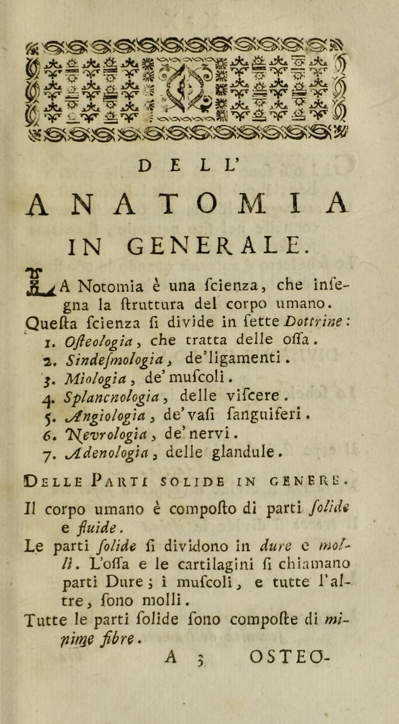 Yjt Jil'% (px '¥* jS.’V ; 'CSO'O.'CS’O» ^gvfvf'f» :<• DELL’ ANATOMIA IN GENERALE. TT ,2uA Notomia è una fcienza, che inie- gna la ftruttura del corpo umano. Quefta fcienza fi divide in fette Dottrine : i. Ofieologia, che tratta delle offa. i. Sindefmologia, de’ligamenti. j. Ittiologia, de’mufcoli. Splancnologia, delle vifcere . 5. Angiologia, de’vafi fanguiferi. 6. 'Neurologia , de’ nervi. 7. Selenologia, delle glandule. Delle Parti solide in genere. II corpo umano è comporto di parti folide e fluide. Le parti folide fi dividono in dure e mol- li. L’offa e le cartilagini fi chiamano parti Dure; i mufcoli, e tutte l’al- tre , fono molli. Tutte le parti folide fono compofte di mi- pìnje fibre.