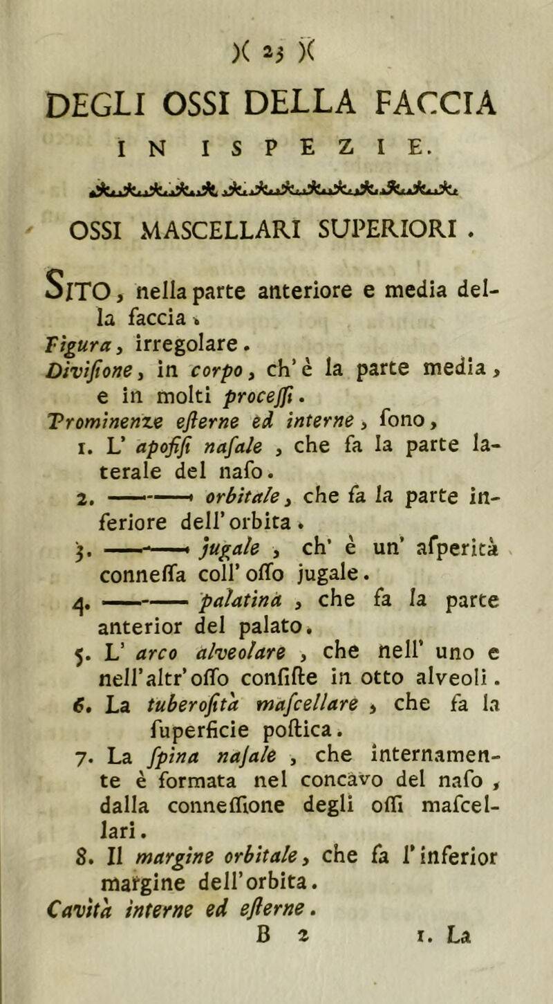 )( 2} )( DEGLI OSSI DELLA FACCIA IN I S P E Z I E. OSSI MASCELLARI SUPERIORI . SlTO, nella parte anteriore e media del- la faccia * Figura, irregolare. Divisone, in corpo, eh’è la parte media, e in molti procejft. Tr eminenze efterne ed interne, fono, 1. L’ apofifi nafale , che fa la parte la- terale del nafo. 2. — • orbitale, che fa La parte in- feriore dell’orbita. 3. ——• jugale , eh’ è un’ afperità connetta coll’ otto jugale. 4. —— palatina , che fa la parte anterior del palato. 5. L’ arco alveolare , che nell’ uno e nell’altr’otto confitte in otto alveoli. 6. La tuberofit'a mafcellare , che fa la fuperficie poftica. 7. La fpina najale , che internamen- te è formata nel concavo del nafo , dalla conneffione degli otti macel- lari . 8. Il margine orbitale, che fa l’inferior margine dell’orbita. Cavita interne ed efierne.