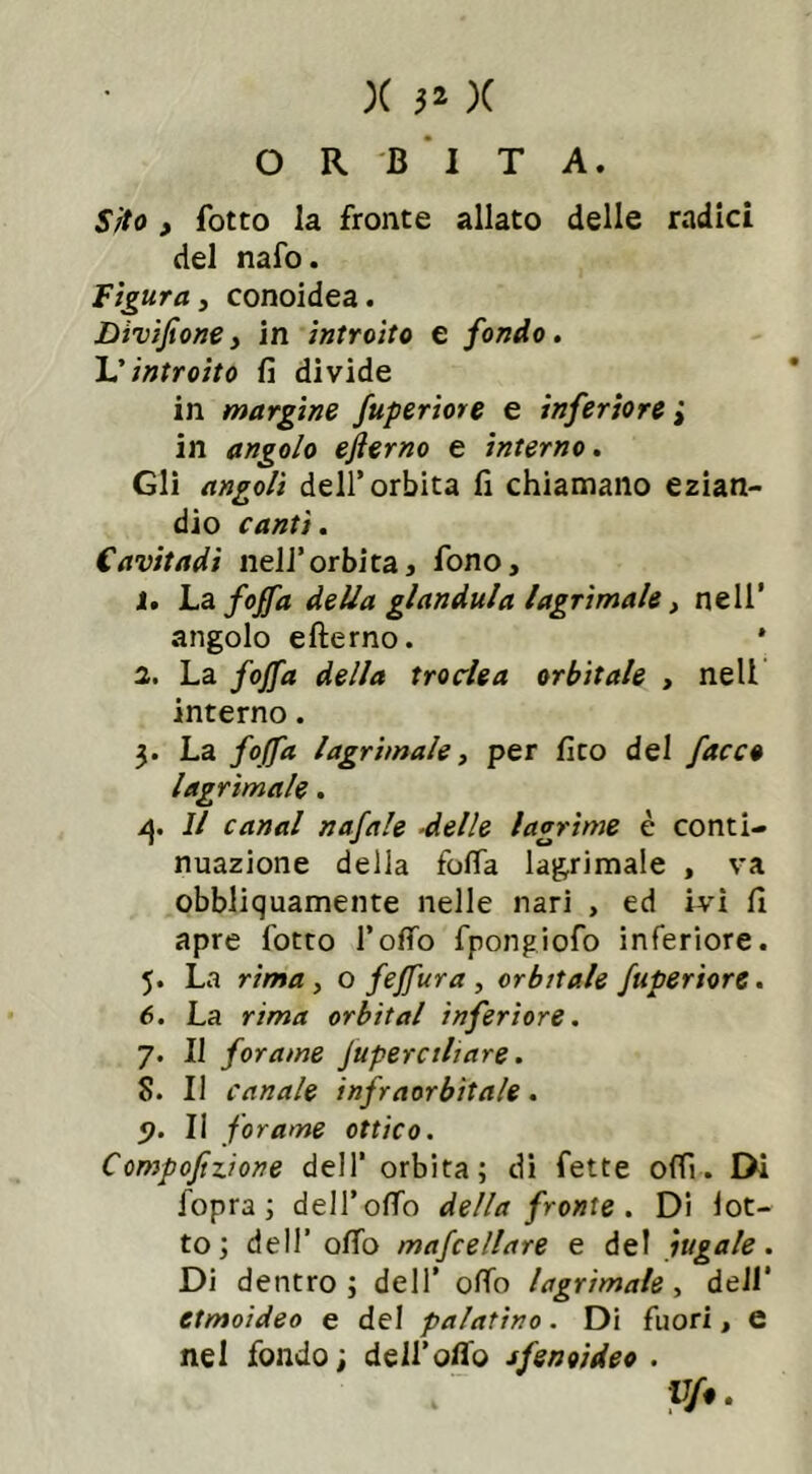 ORBITA. Sito , fotto la fronte allato delle radici del nafo. Figura , conoidea. Dìvifione, in introito e fondo. L’introito fi divide in margine fuperìore e inferiore j in angolo ejìerno e interno. Gli angoli dell’orbita fi chiamano ezian- dio canti. Cavitadi nell’orbita, fono, 1. La foffa della gianduia lagrìmale, nell’ angolo efterno. * 2. La fojfa della troclea orbitale , nell interno. 3. La fojfa lagrìmale 3 per fito del facce lagrìmale. /\. Il canal n afa le ■delle lagrime è conti- nuazione della folla lagrimale , va obbliquamente nelle nari , ed ivi fi apre fotto l’ofTo fpongiofo inferiore. 5. La rima , o fejfura , orbitale fuperìore. 6. La rima orbitai inferiore. 7. Il forame Juperctliare. $. Il canale infr aorbitale. 9. Il forame ottico. Compoftzione dell’ orbita; di fette offi. Di fopra ; deH’olTb della fronte. Di lot- to; dell’ oliò macellare e del fugale. Di dentro; dell’ olio lagrimale 3 dell' etmoideo e del palatino. Di fuori, e nel fondo ; dell’olio jfeneideo . Ufo.