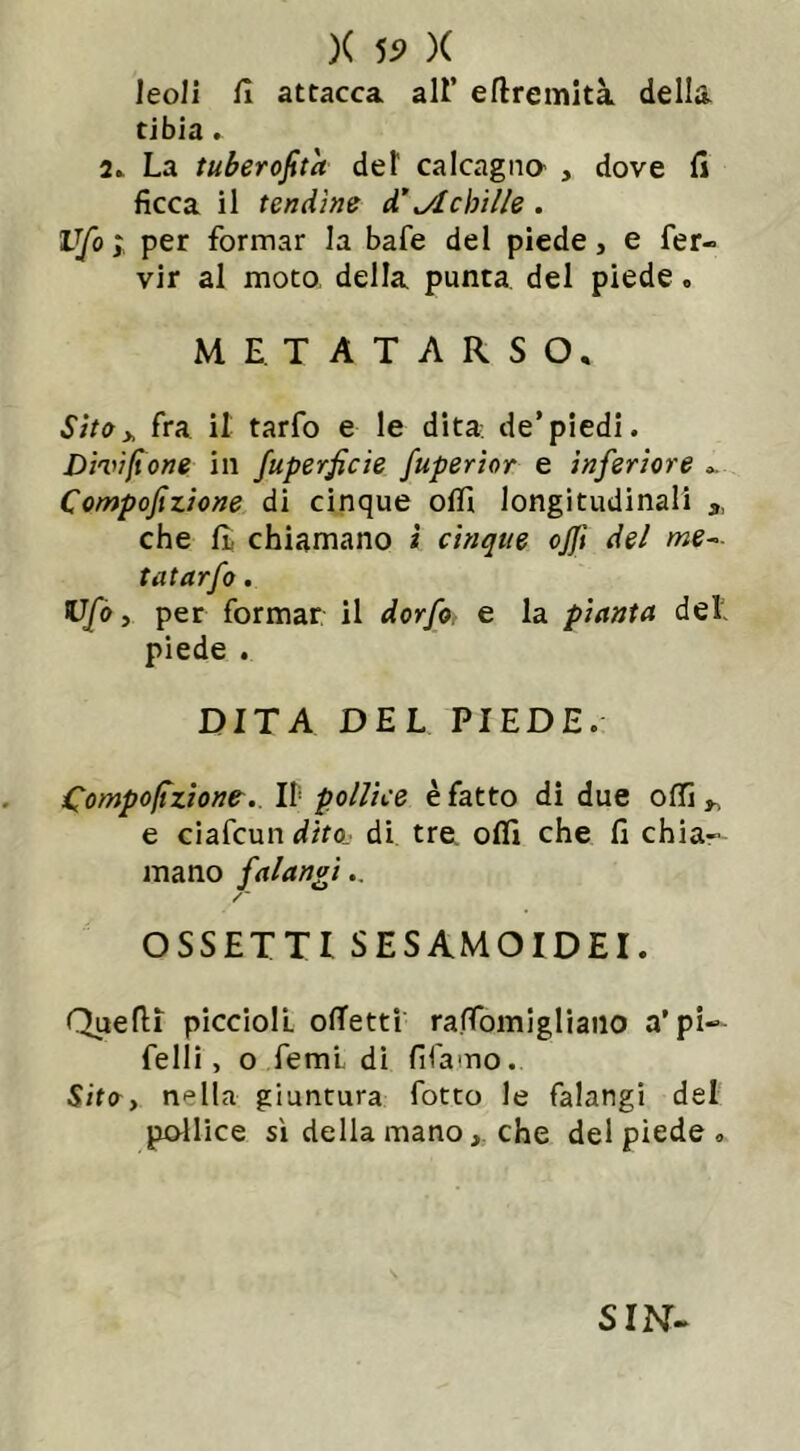 )( 5? )( leoli fi attacca all’ eflremità della, tibia . 2. La tuberofita del calcagna , dove fi ficca il tendine d’ ^Achille . Vfo y per formar la bafe del piede, e fer- vir al moto della punta del piede. METATARSO, Sito* fra il tarfo e le dita, de’piedi. Divìsone in fuperfcie fuperior e inferiore Compofizione di cinque offi longitudinali a, che fi chiamano ì cinque ojjt del me- tatarfo. Vfo, per formar il dorfo e la pianta del piede . DITA DEL PIEDE. Compofizione. IP pollice è fatto di due offi * e ciafcun ditoj di tre offi che fi chia- mano falangi.. OSSETTI SESAMO IDEI. Quelli piccioli ottetti raffòmigliano a’ pi- felli , o femi di fifamo. Sito, nella giuntura fotto le falangi del pollice sì della mano, che del piede « SIN-