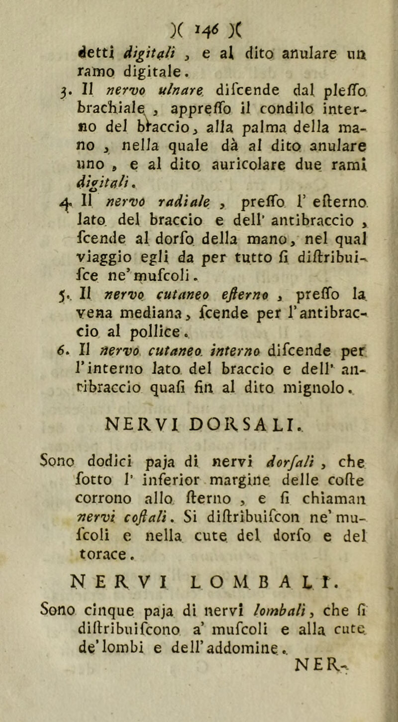 detti digitali , e ai dito anulare un ramo digitale. 3. II nervo ulnare difcende dal plelTa brachiale , appretto il condilo inter- no dei braccio, alla palma della ma- no , nella quale dà al dito anulare uno , e al dito auricolare due rami digitali. 4. Il nervo radiale , pretto 1’ efterno lato del braccio e dell’ antibraccio , fcende al dorfo della mano, nel qual viaggio egli da per tutto fi diftribuK fce ne’mufcoli. 5.. II nervo cutaneo efterno , pretto la vena mediana, fcende per l’antibrac- cio al pollice. 6. Il nervo cutaneo, interno difcende per l’interno lato del braccio e dell* an- tibraccio quali fin al dito mignolo. NERVI DORSALI. Sono dodici paja di nervi dorfalì , che fotto 1’ inferior margine delle colle corrono allo Iterilo , e fi chiamali nervi coftali. Si diltribuifcon ne’ mu- lcoli e nella cute del. dorfo e del torace. NERVI LOMBALI. Sono cinque paja di nervi lombali, che fi diltribuifcono a’ mufcoli e alla cute, de’lombi e dell’addomine. NER-.