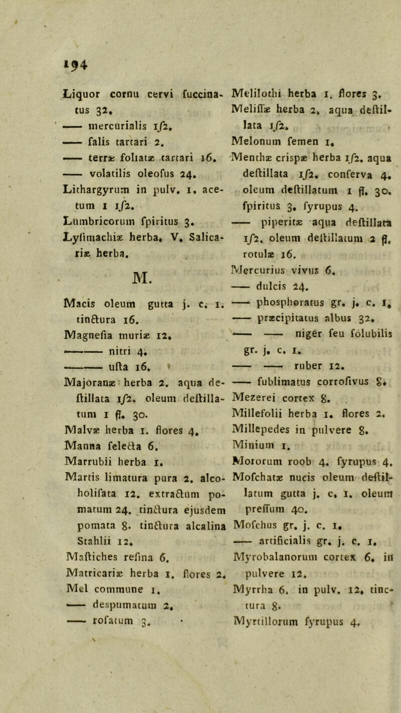 1^4 Liquor cornii cervi fuccina> tus 32. — inercurialis 1/2, falis tartari 2. — terra: foliatsc tartari 16. volatilis oleofus 24. Lithargyrum in pulv, i, ace- tum I 1/2. Lumbricoruin fpiritus 3« LyfimachisE herba« V, Salica- ri» herba. M. Macis oleum gutta j. c. i. tinftura 16. IVIagnefia tnuriE I2« nitri 4, ufta 16. ‘ Majoranse herba 2. aqua de- ftiiiata 1/2. oleum dellilla- tiini I fj, 30. Malvse herba i. flores 4, Manna feledla 6. Marrubii herba i, Martis limatura pura 2. alco- holifata 12. extraftnm po- matum 24. tinftura ejusdem pomata g. tintlura alcalina Stahlii 12. Maftiches refina 6. Matricarise herba i. flores 2. Mel commune i, *— desptimatum 2, Mfclilothi herba i. flores 3, Melill'se herba 2. aqua deftil- lata 1/2. Melonum fernen i, Menthse crispae herba 1/2. aqua deftillata 1/2, conferva 4. oleum deftillatum i fl, 30. fpiritus 3, fyrupus 4. piperit» aqua deftillata 1/2. oleum deftillatum 2 fl. rotulse 16. Mercurius vivus 6. dulcis 24. phosphoratus gr, j, c. i, prstcipitatus albus 32, '— niger feu fölubilis gr. j. c. I. ruber 12. fublimatus corroAvus S* Mezerei cortex g, Millefolii herba i, flores 2. Millepedes in pulvere g. Minium i. Moiorum roob 4. fyrupus 4. Mofchatse nucis oleum deftil- latum gutta j. c. I. oleum preffum 40. Mofchus gr, J. c. i, artiAcialis gr. j. c. i, Myrobalanorum cortex 6« in pulvere i2. Myrrha 6. in pulv. 12, tinc* tura g.