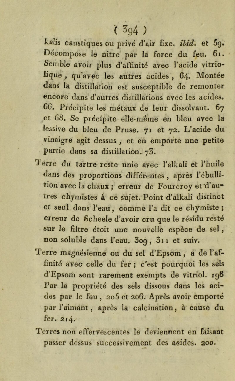 kalis caustiques ou privé d’air fixe, ibict. et 5g. Décompose le nitre par la force du feu. 61. Semble avoir plus d’affinité avec l’acide vitrio- lique, qu’avec les autres acides , C4. Montée dans la distillation est susceptible de remonter encore dans d’autres distillations avec les acides. 66. Précipite les métaux de leur dissolvant. 67 et 68. Se précipite elle-même en bleu avec la lessive du bleu de Pruse. 71 et 72. L’acide du vinaigre agit dessus , et en emporte une petite partie dans sa distillation. 73. J erre du tartre reste unie avec l’alkali et l’huile dans des proportions différentes , après l’ébulli- tion avec la chaux ; erreur de Fourcroy et'd’au- très chymistes à ce sujet. Point d’alkali distinct et seul dans l’eau, comme l’a dit ce chymiste ; erreur de éîcheele d’avoir cru que le résidu resté sur le filtre étoit une nouvelle espèce de sel, non soluble dans l’eau. 3oq, 3i 1 et suiv. Terre magnésienne ou du sel d’Epsom , a de l’af- finité avec celle du fer ; c'est pourquoi les sels d’Epsom sont rarement exempts de vitriol. 198 Par la propriété des sels dissous dans les aci- des par le feu , 206 et 206. Après avoir emporté par l’aimant, après la calcination, à cause du fer. 214. Terres non effervescentes le deviennent en faisant passer dessus successivement des aeides. zoo.