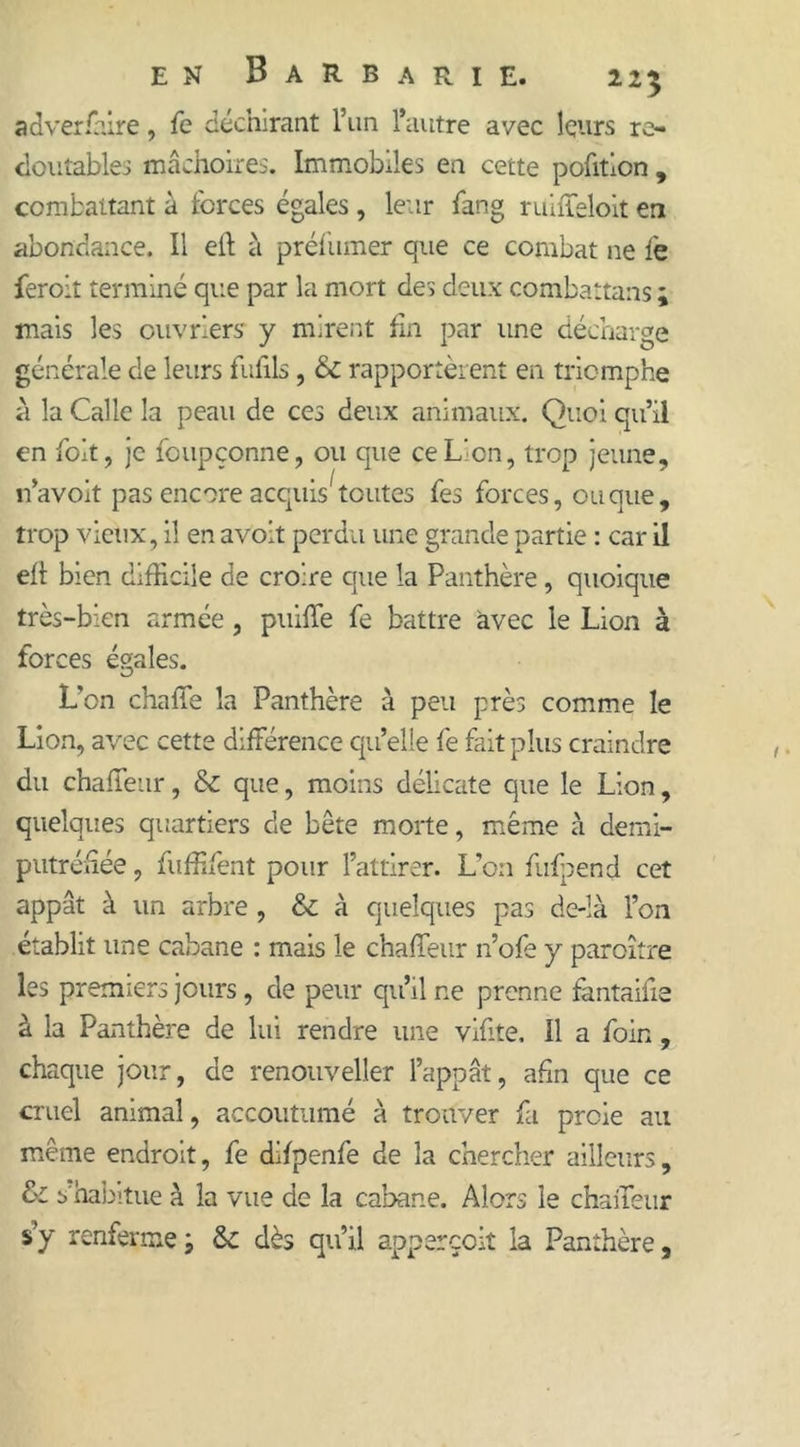 a cl ver faire, fe déchirant l’un l’autre avec leurs re- doutables mâchoires. Immobiles en cette pofition , combattant à forces égales, leur fang ruiffeloit en abondance. Il ell à préfumer que ce combat ne le feroit terminé que par la mort des deux combattans ; mais les ouvriers y mirent fin par une décharge générale de leurs fuffis, 6c rapportèrent en triomphe à la Calle la peau de ces deux animaux. Quoi qu’il en foit, je foupçonne, ou que ce L'on, trop jeune, n’avolt pas encore acquis toutes fes forces, ou que, trop vieux, il en avoit perdu une grande partie : car il ell bien difficile de croire que la Panthère, quoique très-bien armée , puilTe fe battre avec le Lion à forces égales. L’on chaffie la Panthère à peu près comme le Lion, avec cette différence qu’elle fe fait plus craindre du chalîeur, 6c que, moins délicate que le Lion, quelques quartiers de bête morte, même à demi- putréhée, fuffifent pour l’attirer. L’on fulpend cet appât à un arbre , &amp;c à quelques pas de-là l’on établit une cabane : mais le chaffeur n’ofe y paroître les premiers jours , de peur qu’il ne prenne fmtahie à la Panthère de lui rendre une vifite. Il a foin, chaque jour, de renouveller l’appât, afin que ce cruel animal, accoutumé à trouver fa proie au même endroit, fe difpenfe de la chercher ailleurs, &amp; s’habitue à la vue de la cabane. Alors le chaffieur s’y renferme j 6c dès qu’il apperçoit la Panthère,