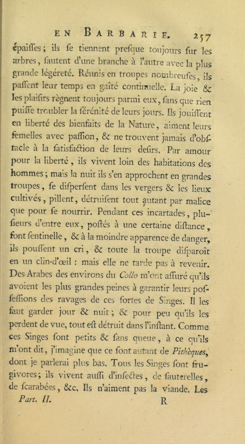 cpaiffes; ils fe tiennent prefque toujours fur les arbres, fautent d’une branche à l’autre avec la plus grande légèreté. Réunis en troupes nombreufes, ils palknt leur temps en gaîté continuelle. La joie & tes plaifirs régnent toujours parmi eux, fans que rien puiffe troubler la férénité de leurs jours. Ils jouirtent en liberté des bienfaits de la Nature, aiment leurs femelles avec partion, & ne trouvent jamais d’obfr tacle à la fatisfattion de leurs defirs. Par amour pour la liberté, ils vivent loin des habitations des hommes ; mais la nuit ils s’en approchent en grandes troupes, fe difperfent dans les vergers & les lieux cultivés, pillent, détruifent tout autant par malice que pour fe nourrir. Pendant ces incartades, plu-' fieurs d’entre eux, portés à une certaine diftance, font fentinelle, & à la moindre apparence de danger, ils pouffent un cri, & toute la troupe difparoît en un clin-d’œil : mais elle ne tarde pas à revenir. Des Arabes des environs du Collo m’ont arturé qu’ils avoient les plus grandes peines à garantir leurs pof- fertions des ravages de ces fortes de Singes. Il les faut garder jour & nuit ; & pour peu qu’ils les perdent de vue, tout eft détruit dans l’inrtant. Comme ces Singes font petits & fans queue, à ce qu’ils m’ont dit, j’imagine que ce font autant de Pithlqut$> dont je parlerai plus bas. Tous les Singes font fru- givores; ils vivent aurti d’infefres, de fauterelles, de fcarabées, &c. Ils n’aiment pas la viande. Les Part. IL R