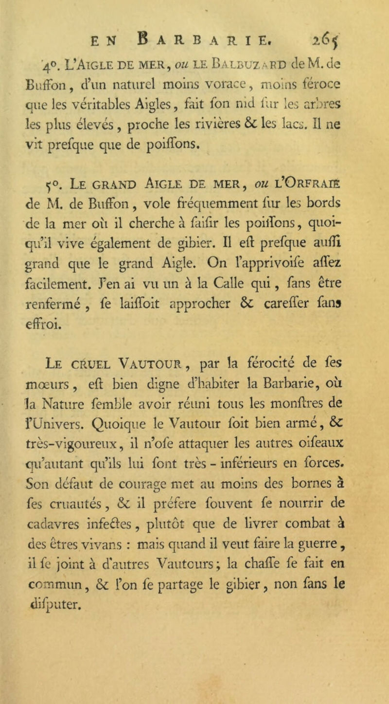 '40. L’Aigle de mer, ou le Balbuz ard deM. de BufFon, d’un naturel moins vorace, moins féroce que les véritables Aigles, fait fon nid fur les arbres les plus élevés , proche les rivières & les lacs. Il ne vit prefque que de poiffons. 50. Le grand Aigle de mer, ou l’Orfraie de M. de Buffon , vole fréquemment fur les bords de la mer où il cherche à faifir les poiilons, quoi- qu’il vive également de gibier. Il eft prefque auffi grand que le grand Aigle. On l’apprivoife affez facilement. Peu ai vu un à la Calle qui, fans être renfermé , fe laiffoit approcher & careffer fans effroi. Le cruel Vautour , par la férocité de fes mœurs, eft bien digne d’habiter la Barbarie, où la Nature femble avoir réuni tous les monftres de l’Univers. Quoique le Vautour foit bien armé, & très-vigoureux, il n’ofe attaquer les autres oifeaux qu’autant qu’ils lui font très - inférieurs en forces. Son défaut de courage met au moins des bornes à fes cruautés, & il préféré fouvent fe nourrir de cadavres infeéies, plutôt que de livrer combat à des êtres vivans : mais quand il veut faire la guerre, il fe joint à d'autres Vautours ; la chaffe fe fait en commun, &: l’on fe partage le gibier ? non fans le difputer.