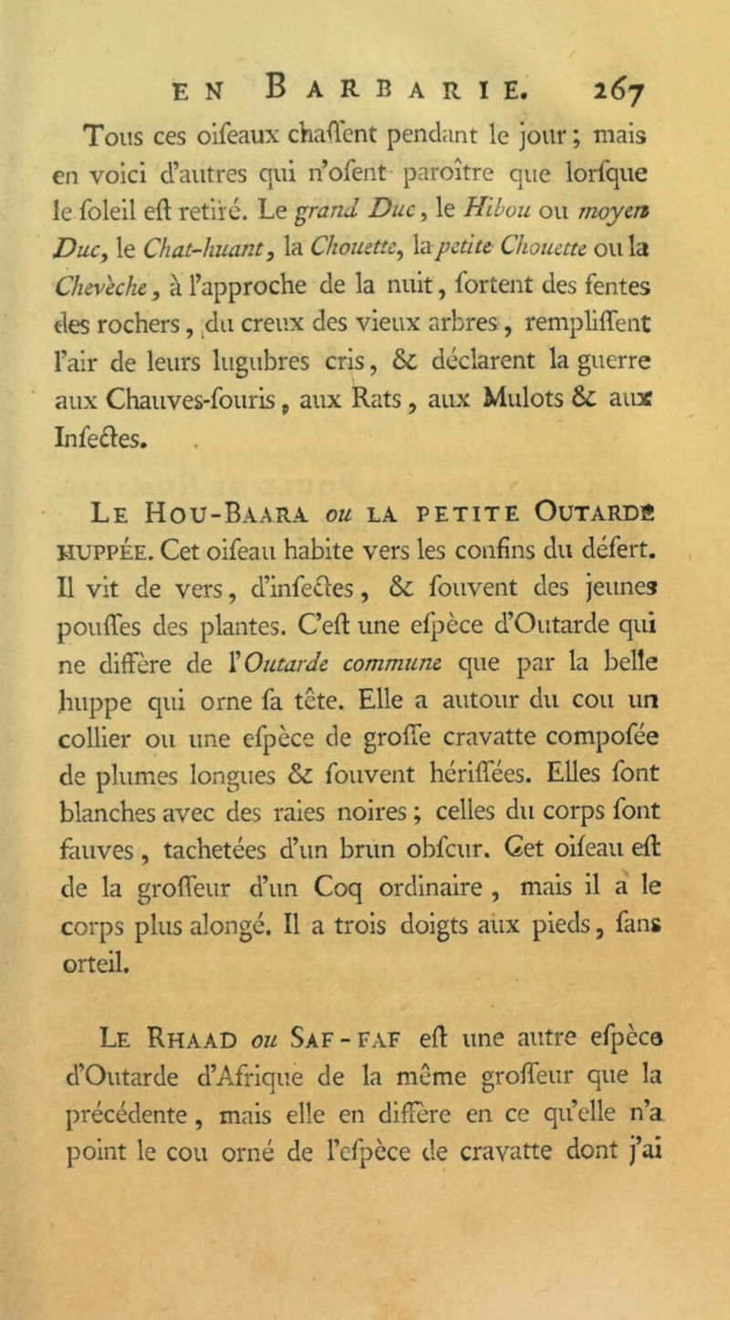 Tous ces oifeaux chaffent pendant le jour ; mais en voici d’autres qui n’ofent paraître que lorfque le foleil eft retiré. Le grand Duc, le Hibou ou moyen Duc, le Chat-huant, la Chouette, la petite Chouette ou la Cheveche, à l’approche de la nuit, fortent des fentes des rochers, du creux des vieux arbres, remplirent l’air de leurs lugubres cris, & déclarent la guerre aux Chauves-fouris, aux Rats, aux Mulots &: aiuc Infe&es. Le Hou-Baara ou la petite Outards huppée. Cet oifeau habite vers les confins du défert. Il vit de vers, d’infecles, fouvent des jeunes pouffes des plantes. C’eft une efpèce d’Outarde qui ne diffère de Y Outarde commune que par la belle huppe qui orne fa tête. Elle a autour du cou un collier ou une efpèce de groffe cravatte compofée de plumes longues & fouvent hériffées. Elles font blanches avec des raies noires ; celles du corps font fauves , tachetées d’un brun obfcur. Cet oifeau efl de la groffeur d’un Coq ordinaire , mais il a le corps plus alongé. Il a trois doigts aux pieds, fans orteil. Le Rhaad ou Saf-faf efl une autre efpèca d’Outarde d’Afrique de la même groffeur que la précédente , mais elle en diffère en ce qu elle n’a point le cou orné de l’cfpèce de cravatte dont j’ai