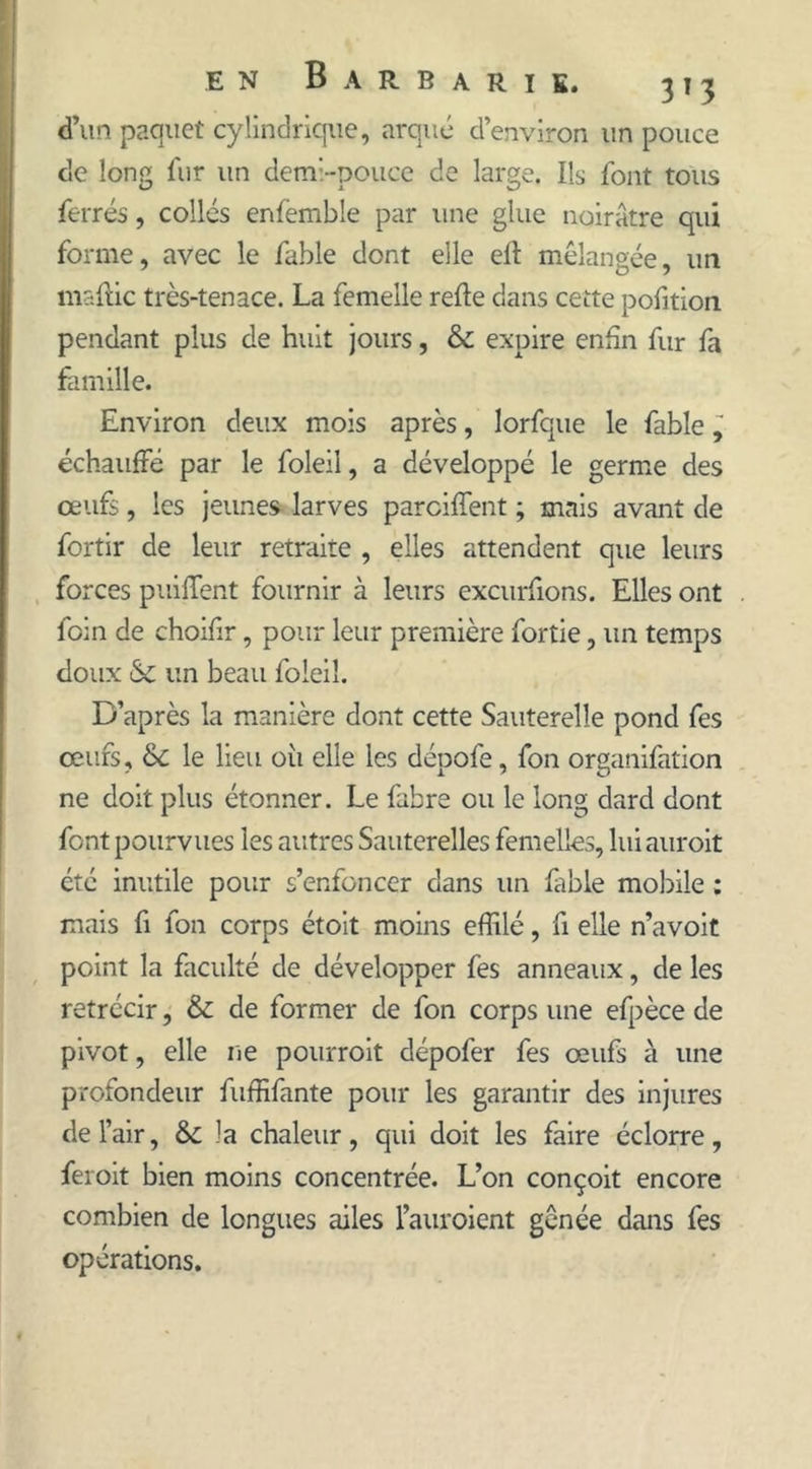 d’un paquet cylindrique, arque d’environ un pouce de long fur un demi-pouce de large. Ils font tous ferrés, collés enfemble par une glue noirâtre qui forme, avec le fable dont elle efl mélangée, un maflic très-tenace. La femelle relie dans cette pofition pendant plus de huit jours, &amp; expire enfin fur fa famille. Environ deux mois après, lorfque le fable échauffé par le foleil, a développé le germe des œufs , les jeunes larves parciffent ; mais avant de fortir de leur retraite , elles attendent que leurs forces puiffent fournir à leurs excurfions. Elles ont foin de choifir, pour leur première fortie, un temps doux 61 un beau foleil. D’après la manière dont cette Sauterelle pond fes œufs, &amp; le lieu où elle les dépofe, fon organifation ne doit plus étonner. Le fabre ou le long dard dont font pourvues les autres Sauterelles femelles, lui auroit été inutile pour s’enfoncer dans un fable mobile : mais fi fon corps étoit moins effilé, fi elle n’avoit point la faculté de développer fes anneaux, de les rétrécir, &amp; de former de fon corps une efpèce de pivot, elle ne pourroit dépofer fes œufs à une profondeur fuffifante pour les garantir des injures de l’air, &amp;: la chaleur, qui doit les faire éclorre, feroit bien moins concentrée. L’on conçoit encore combien de longues ailes l’auroient gênée dans fes opérations.
