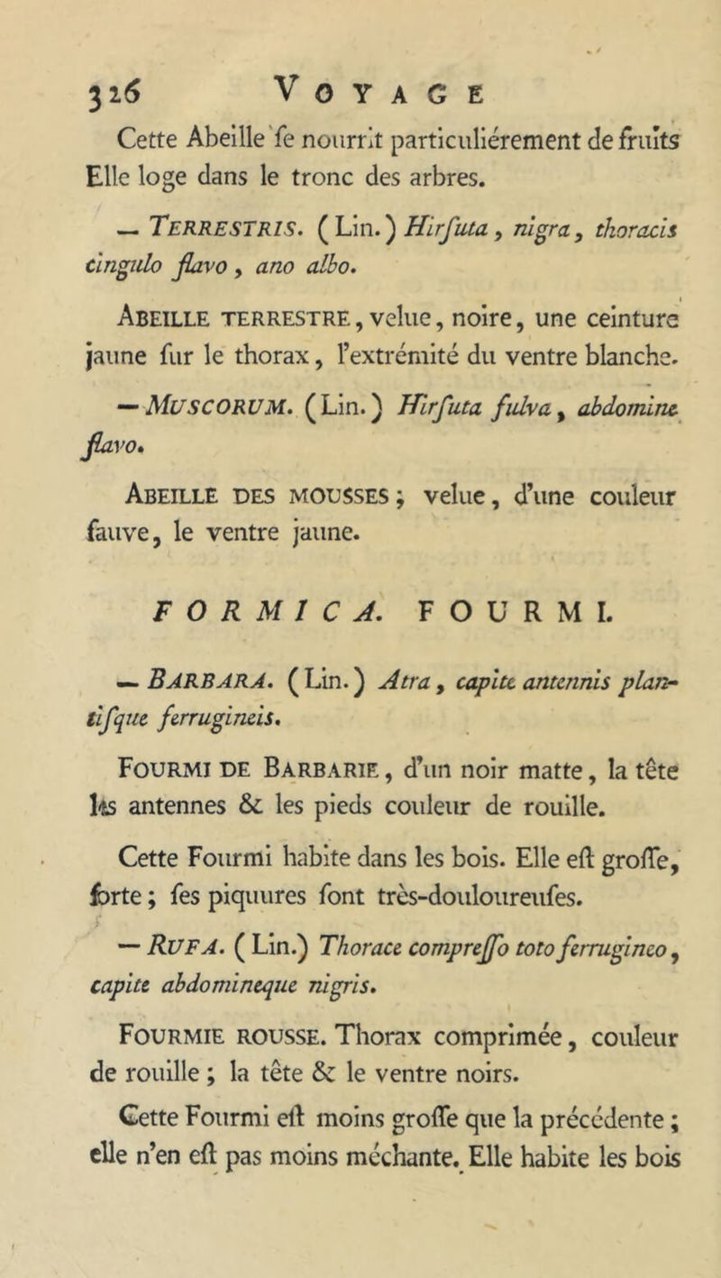 Cette Abeille fe nourrit particuliérement de fruits Elle loge dans le tronc des arbres. — TERRESTRIS. (Lm.) Hirfuta, nigra, tkoracis cingulo flavo , ano albo. Abeille terrestre , velue, noire, une ceinture jaune fur le thorax, l’extrémité du ventre blanche. — MüSCORUM. (Lin.) Hirfuta fidva, abdominc flavo. Abeille des mousses; velue, d’une couleur fauve, le ventre jaune. FORMICA. FOURMI. — Barbara. (Lin.) Atra, capitc antennis plan- tifque fe.rrugim.is. Fourmi de Barbarie , d’un noir matte, la tête ks antennes & les pieds couleur de rouille. Cette Fourmi habite dans les bois. Elle eft grolTe, forte ; fes piquures font très-douloureufes. — Rue A. ( Lin.) Thorace compreffo toto ferruginco, capite abdomincque nigris. Fourmie rousse. Thorax comprimée, couleur de rouille ; la tête & le ventre noirs. Cette Fourmi elt moins groffe que la précédente ; elle n’en eft pas moins méchante. Elle habite les bois