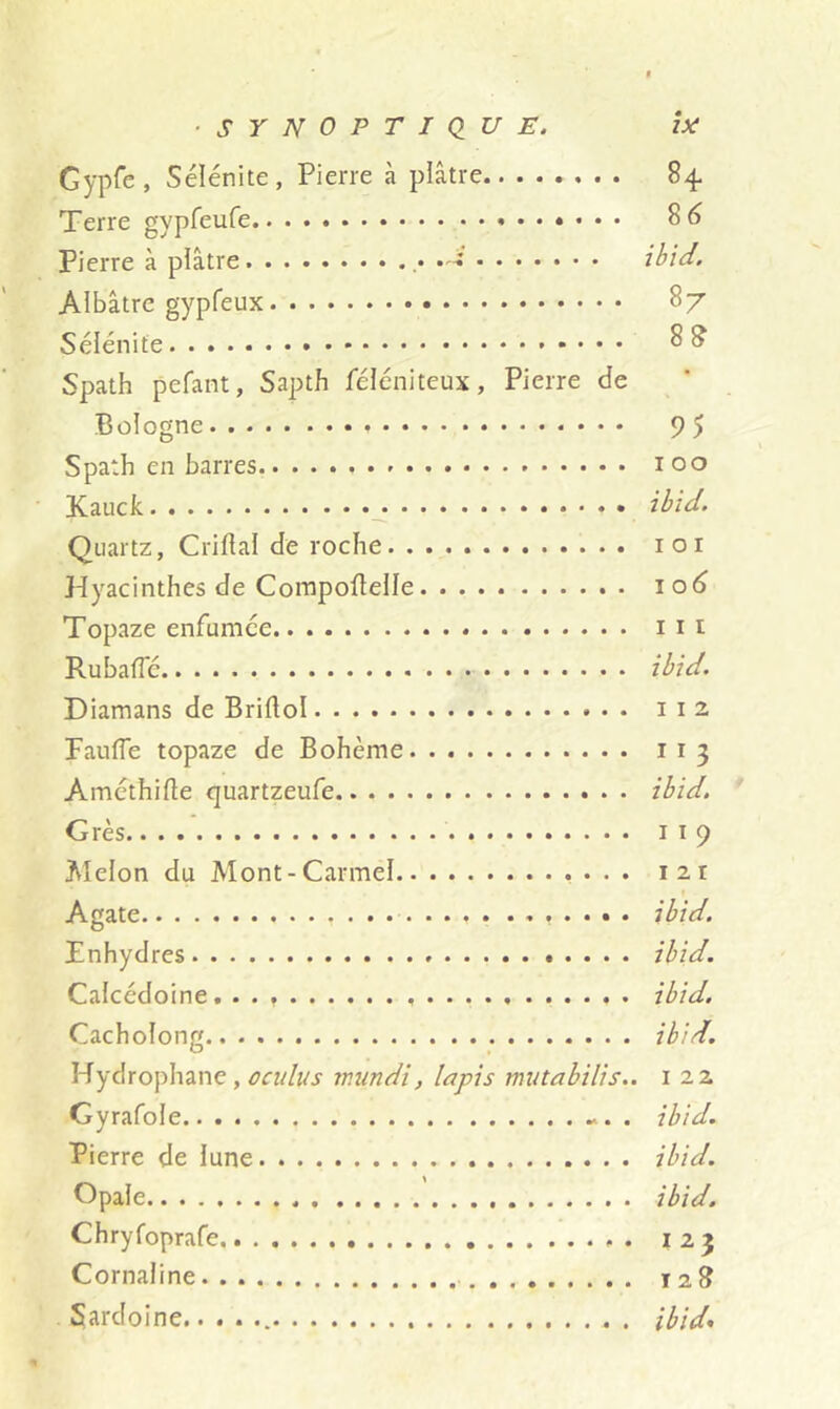 Gypfe , Sélénite , Pierre à plâtre 84. Terre gypfeufe 8 6 Pierre à plâtre • • ^ ibid. Albâtre gypfeux 87 Sélénite 8 8 Spath pefant, Sapth féléniteux, Pierre de Bologne 9 5 Spath en barres 100 Kauck ibid. Quartz, Criftal de roche 101 Hyacinthes de Compoltelle 106 Topaze enfumée lit Rubafle ibid. Diamans de Briftol 1 1 2 Faufle topaze de Bohème 113 Améthille quartzeufe ibid. Grès 1 1 9 Melon du Mont-Carmel 121 Agate , ibid. Enhydres ibid. Calcédoine. . . ibid. Cacholong ibid. Hydrophane, oculus mundi, lapis mutabilis.. 1 22 Gyrafole . ibid. Pierre de lune ibid. Opale ibid. Chryfoprafe 123 Cornaline 128 Sardoine ibid.