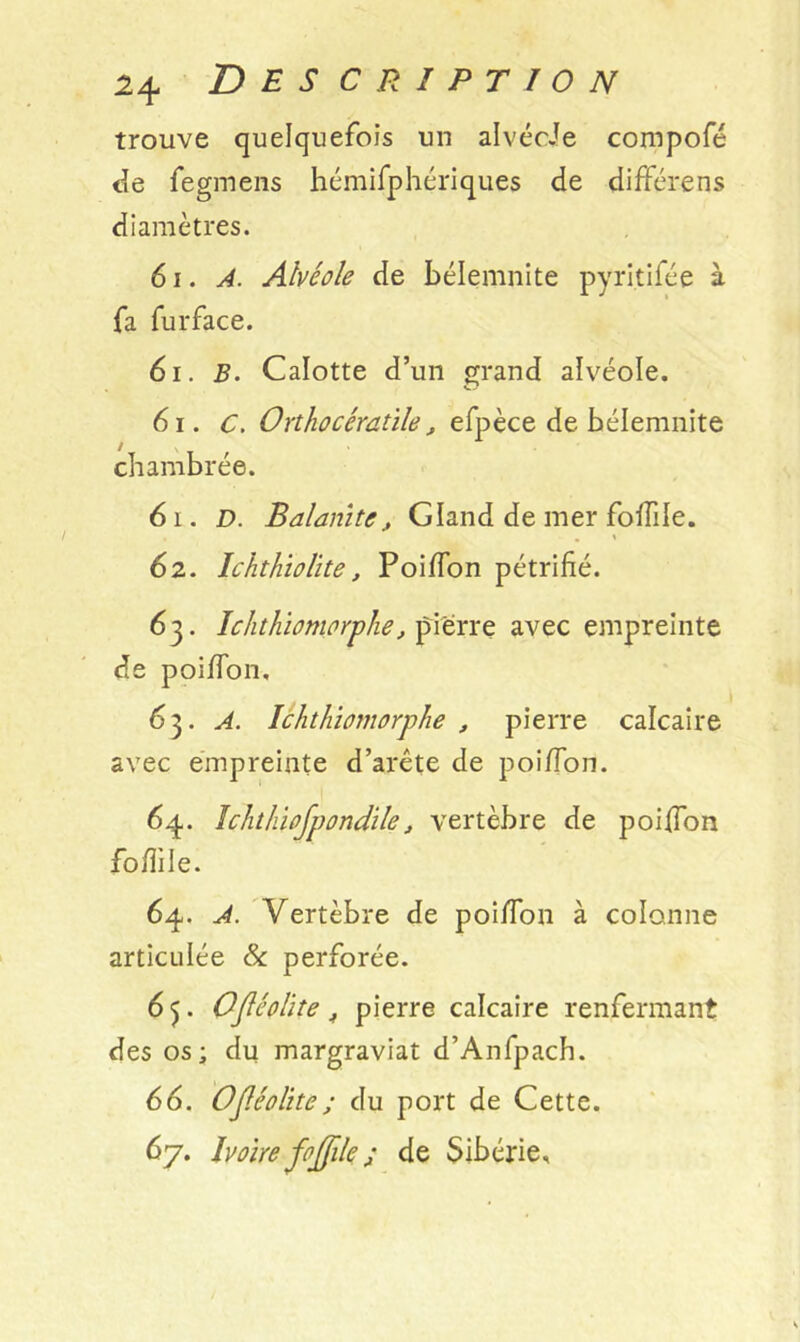 trouve quelquefois un alvécJe compofé de fegmens hémifphériques de différens diamètres. 61. A. Alvéole de bélemnite pyritifée à fa fur face. 61. B. Calotte d’un grand alvéole. 61. C. Orthocératile, efpèce de bélemnite chambrée. 6 i. D. Balanite, Gland de mer foffile. • • 1 62. Ichthiolite, Poiffon pétrifié. 63. Ichthiomorphe, pierre avec empreinte de poiffon. 63. Ichthiomorphe , pierre calcaire avec empreinte d’arête de poiffon. 64 Jchithiojpondile, vertèbre de poiffon fofîile. 64. Vertèbre de poiffon à colonne articulée 8c perforée. 64 OJléolite, pierre calcaire renfermant des os; du margraviat d’Anfpach. 66. OJléolite; du port de Cette. 67. Ivoire foffile ; de Sibérie,