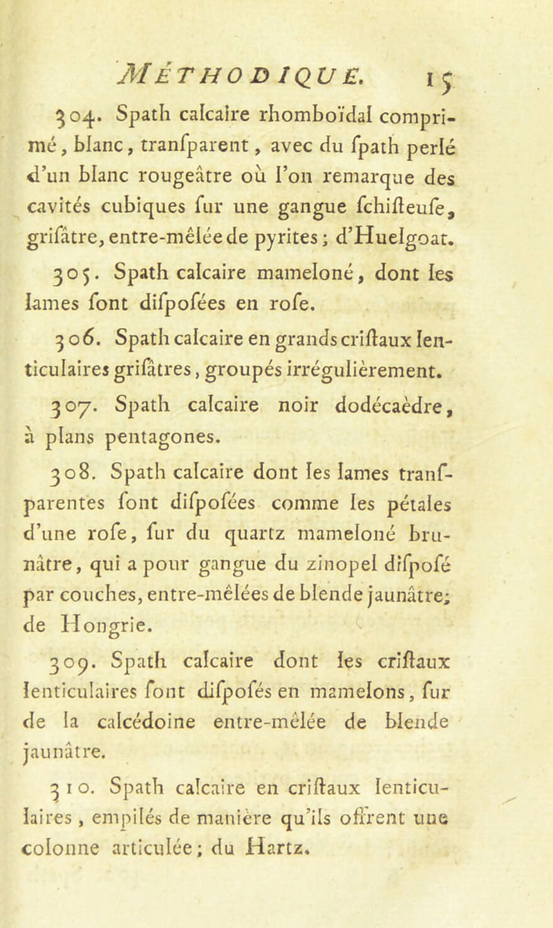 Met h o d iqv £. ij 304. Spath calcaire rhomboïdal compri- mé, blanc, tranfparent, avec du ipath perlé d’un blanc rougeâtre où l’on remarque des cavités cubiques fur une gangue fchifleufe, grifâtre, entre-mêlée de pyrites; d’Huelgoat. 305. Spath calcaire mameloné, dont les lames font difpofées en rofe. 306. Spath calcaire en grands criftaux len- ticulaires grifâtres, groupés irrégulièrement. 307. Spath calcaire noir dodécaèdre, a plans pentagones. 308. Spath calcaire dont les lames tranf- parentes font difpofées comme les pétales d’une rofe, fur du quartz mameloné bru- nâtre, qui a pour gangue du zinopel drfpofé par couches, entre-mêlées de blende jaunâtre; de Hongrie. 309. Spath calcaire dont les criffaux lenticulaires font difpofés en mamelons, fur de la calcédoine entre-mêlée de blende jaunâtre. 3 1 o. Spath calcaire en criftaux lenticu- laires , empilés de manière qu’ils offrent une colonne articulée; du Hartz.