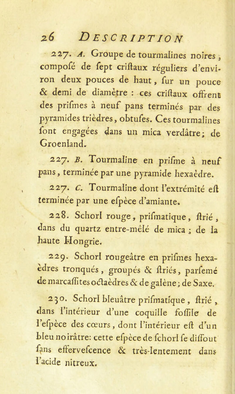 227. a. Groupe de tourmalines noires, compofé de fept cri fl aux réguliers d’envi- ron deux pouces de haut, fur un pouce & demi de diamètre : ces criftaux offrent des prifmes à neuf pans terminés par des pyramides trièdres, obtufes. Ces tourmalines font engagées dans un mica verdâtre; de Groenland. 227. b. Tourmaline en prifme à neuf pans, terminée par une pyramide hexaèdre. 227. c. Tourmaline dont l’extrémité efl terminée par une efpèce d’amiante. 228. SchorI rouge, prifmatique, férié , dans du quartz entre-mêlé de mica ; de la haute Hongrie. 229. SchorI rougeâtre en prifmes hexa- èdres tronqués , groupés & fériés, parfemc de marcafîites oélaèdres & de galène ; de Saxe. 230. SchorI bleuâtre prifmatique , férié , dans l’intérieur d’une coquille foiïile de I efpece des cœurs, dont l’intérieur efl d’un bleu noirâtre: cette efpèce de fchorlfe diffout ffins efiervefcence & très-lentement dans l’acide nitreux.