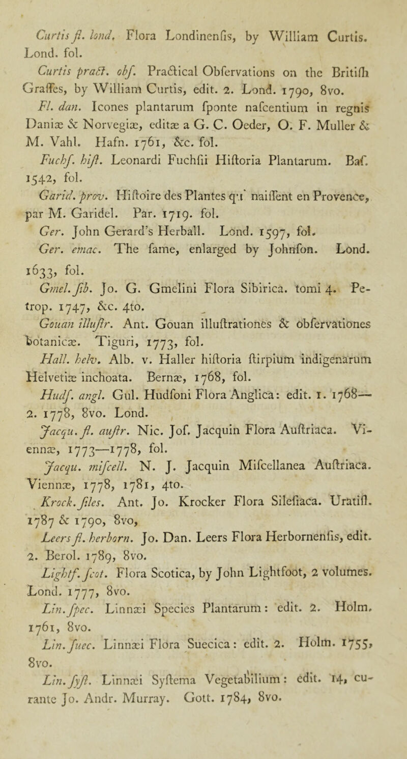 Curtis ft. land. Flora Londinenfis, by William Curtis. Lond. fol. Curtis prabt. obj. Practical Obfervations on the Britifti Grades, by William Curtis, edit. 2. Lond. 1790, 8vo. FL dan. leones plantarum fponte nafeentium in regnis Danias b Norvegiae, editas a G. C. Oeder, O. F. Muller b M. Vahh Hafn. 1761, be. fol. Fuchf. hi ft. Leonardi Fuchfii Hiftoria Plantarum. Baf. 1542, fol. Garid. prov. Hiftoire des Plantes qu naiiTent en Provence, par M. Garidel. Par. 1719. fol. Ger. John Gerard’s Herball. Lond. 1597, Ger. emac. The fame, enlarged by Johnfon. Lond. 1633, fol. Gmel.fib. Jo. G. Gmelini Flora Sibirica. tomi 4. Pe- trop. 1747, &c. 4to. Gouan illujlr. Ant. Gouan illuftrationes b obfervationes botanicre. Tiguri, 1773, fol. Flail, bch. Alb. v. Haller hiftoria ftirpium indigenarum Helvetia inchoata. Bern^, 1768, fol. Hudf. angl. Gul. Hudfoni Flora Anglica: edit. 1. 1768— 2. 1778, 8vo. Lond. Jacqu.fi. aujtr. Nic. Jof. Jacquin Flora Auftriaca. Vi- enna?, 1773—1778, fol. Jacqu. inifcell. N. J. Jacquin Mifcellanea Auftriaca. Vienna, 1778, 1781, 4to. Krock.files. Ant. Jo. Krocker Flora Silefiaca. Uratifl. 1787 b 1790, 8vo, Leersfi. herborn. Jo. Dan. Leers Flora Herbornenlis, edit. 2. Berol. 1789, 8vo. Lightfi. fcot. Flora Scotica, by John Lightfoot, 2 volumes. Lond. 1777, 8vo. Lin. fpec. Linnaft Species Plantarum : edit. 2. Holm. 1761, 8vo. Lin.Juec. Linnxi Flora Suecica: edit. 2. Holm. 1755, 8 vo. Lin.fyfi. Linnaft Syftema Vegetabilium: edit. 14* cu- rante Jo. Andr. Murray. Gott. 1784, 8vo.