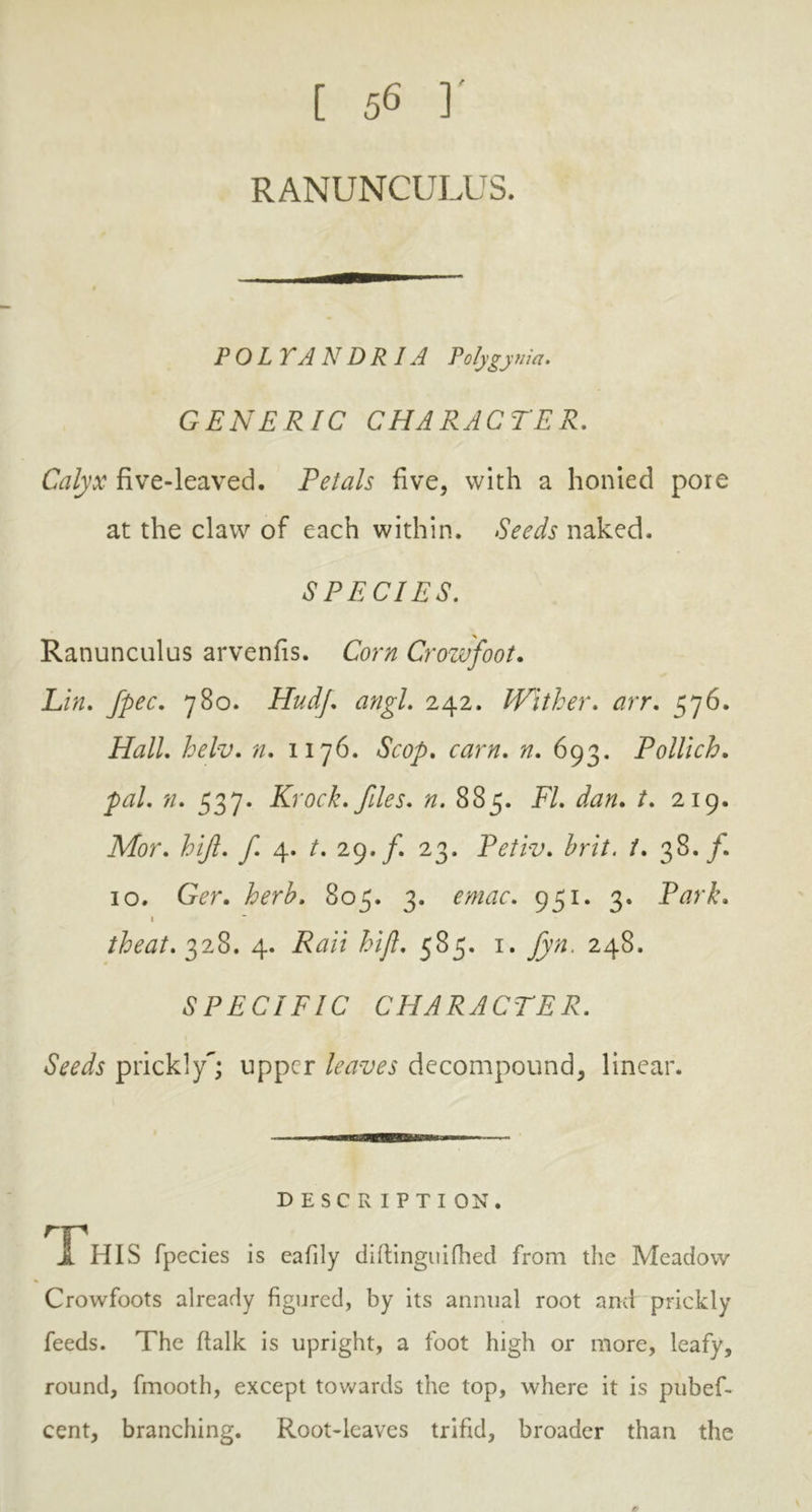 [ 56 1 RANUNCULUS. POL TAN DR IA Polygyria. GENERIC CHARACTER. Calyx five-leaved. Petals five, with a honied pore at the claw of each within. Seeds naked. SPECIES. Ranunculus arvenfis. Corn Crowfoot. Lin. fpec. 780. Hudf angl. 242. Wither, arr. 576. Hall, helv. 0. 1176. <5Vc>y>. ran/. ». 693. Pollich. pal. n. 537. Krock. files, n. 885. T/. /. 219. jWor. hijl. f. 4. /. 2923. Petiv. hrit. /. 38. /. 10. G<?r. fori. 805. 3. 951. 3. Park. 1 theat, 3 28. 4. ifa/7 hi ft. 585. 1. 248. SPECIFIC CHARACTER. Seeds prickly; upper leaves decompound, linear. rm DESCRIPTION. I HIS fpecies is eafily diftinguifhed from the Meadow Crowfoots already figured, by its annual root and prickly feeds. The ftalk is upright, a foot high or more, leafy, round, fmooth, except towards the top, where it is pubef- cent, branching. Root-leaves trifid, broader than the